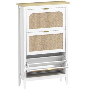 HOMCOM Narrow Shoe Cabinet, Boho Slim Shoe Storage Cabinet with 3 Flip Drawers, Holds 21 Pairs, White