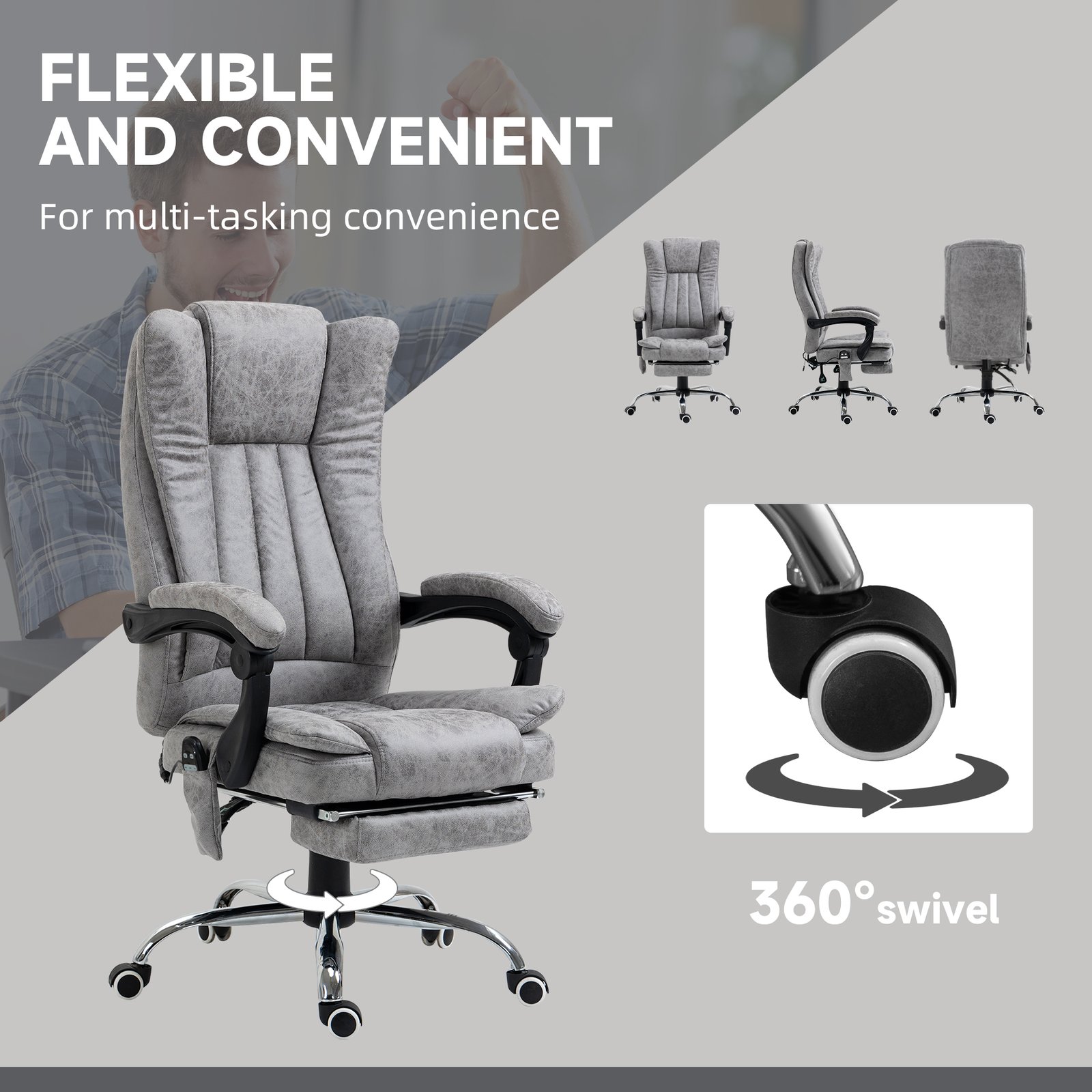 Vinsetto Office Chair with Massage and Heat, Microfibre Reclining Computer Desk Chair with Footrest and Adjustable Height, Swivel Wheels for Home Office, Grey - Image 5