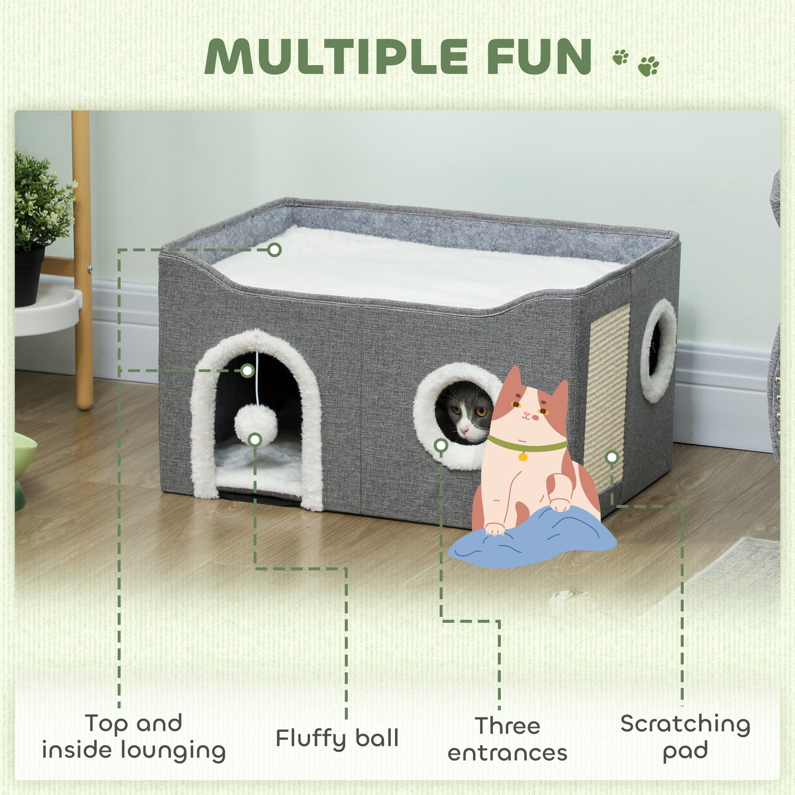 PawHut Cat Bed for Indoor Pets, Foldable Cat House with Fluffy Ball and Scratch Pad for Small and Medium Pets, Grey - Image 4