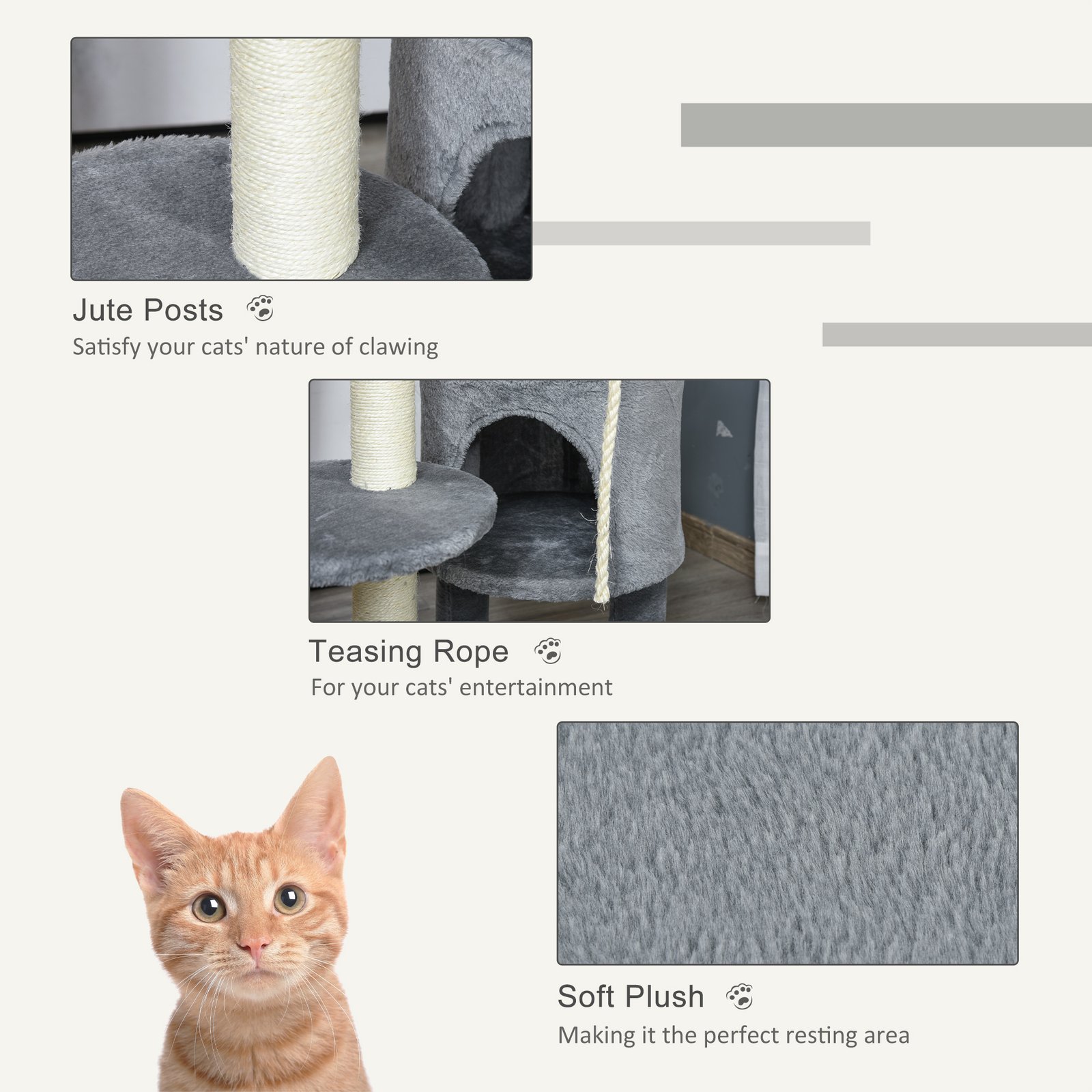 PawHut Cat Tree Tower for Indoor Cats 112cm Climbing Kitten Activity Center with Jute Scratching Post Perch Hanging Ball Toy Teasing Rope Dark grey - Image 5