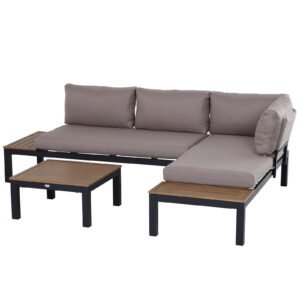 Outsunny 3 Pieces Garden Furniture Set, Aluminium 4 Seater Corner Sofa Set with 2 Loveseats, Coffee Table and Side Trays, Outdoor Conversation Furniture with Cushions for Garden, Black