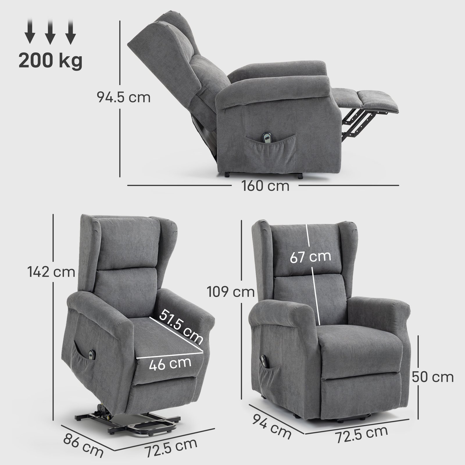 HOMCOM Power Lift Recliner Armchair, Electric Lift Chair for Elderly, Fabric Riser and Reclining Chair with Remote Control, Side Pockets, Extended Footrest, for Living Room, Charcoal Grey - Image 3