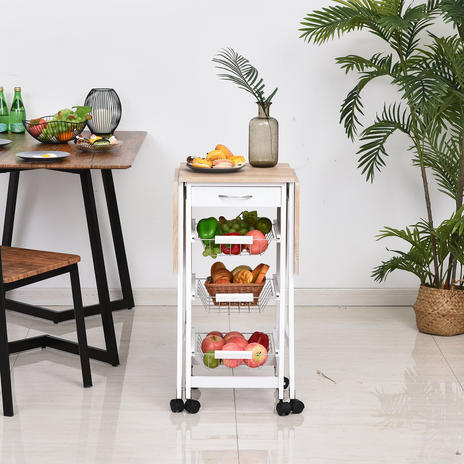 HOMCOM Drop-Leaf Kitchen Cart Trolley w/ 3 Baskets Drawer Surface Top 6 Universal Wheels Rolling Storage Unit Kitchen Home Dining Island White Oak Tone - Image 8
