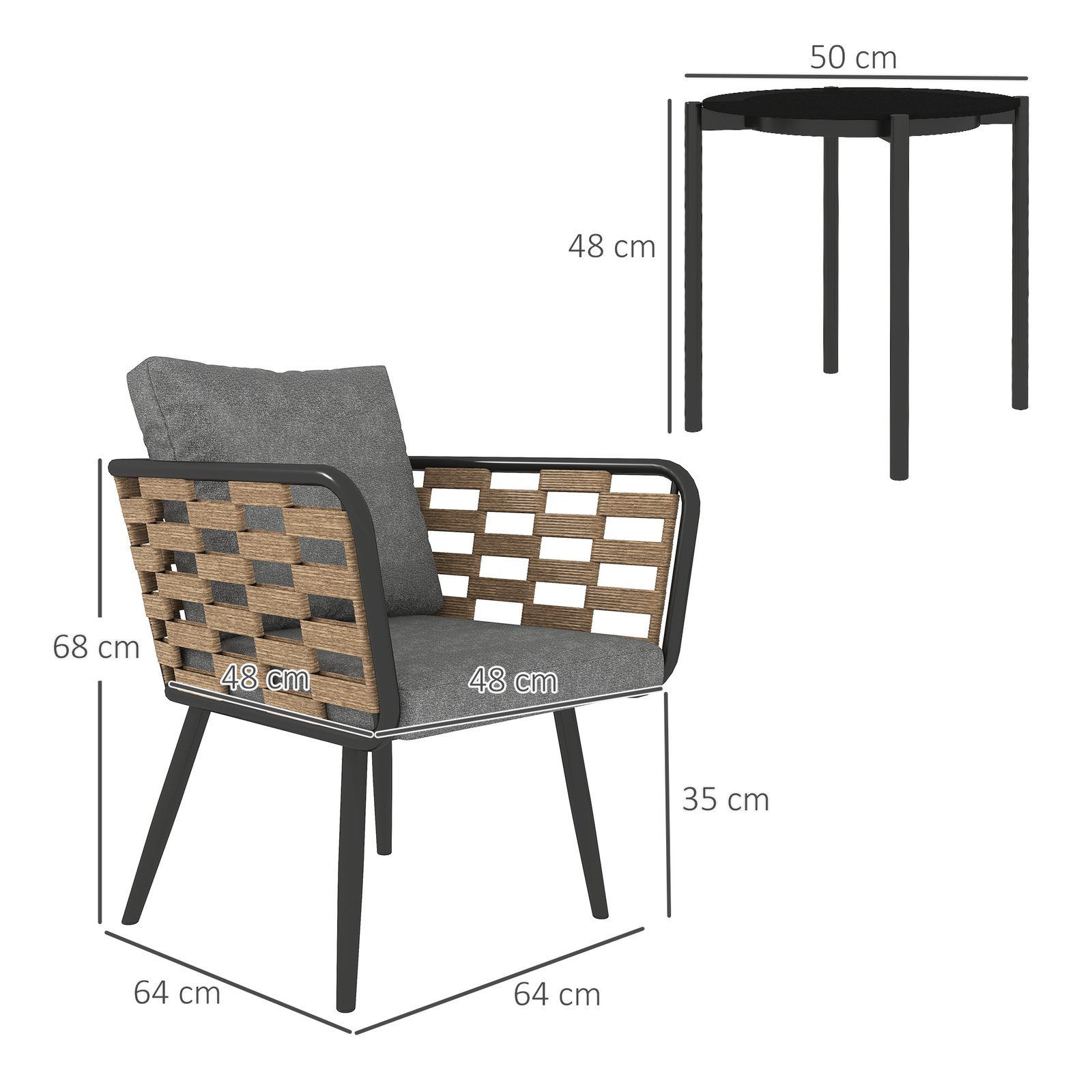 Outsunny 3 Pieces Rattan Bistro Set with Washable Seat and Back Cushions, Glass Top Coffee Table, for Outdoor, Patio, Black - Image 3
