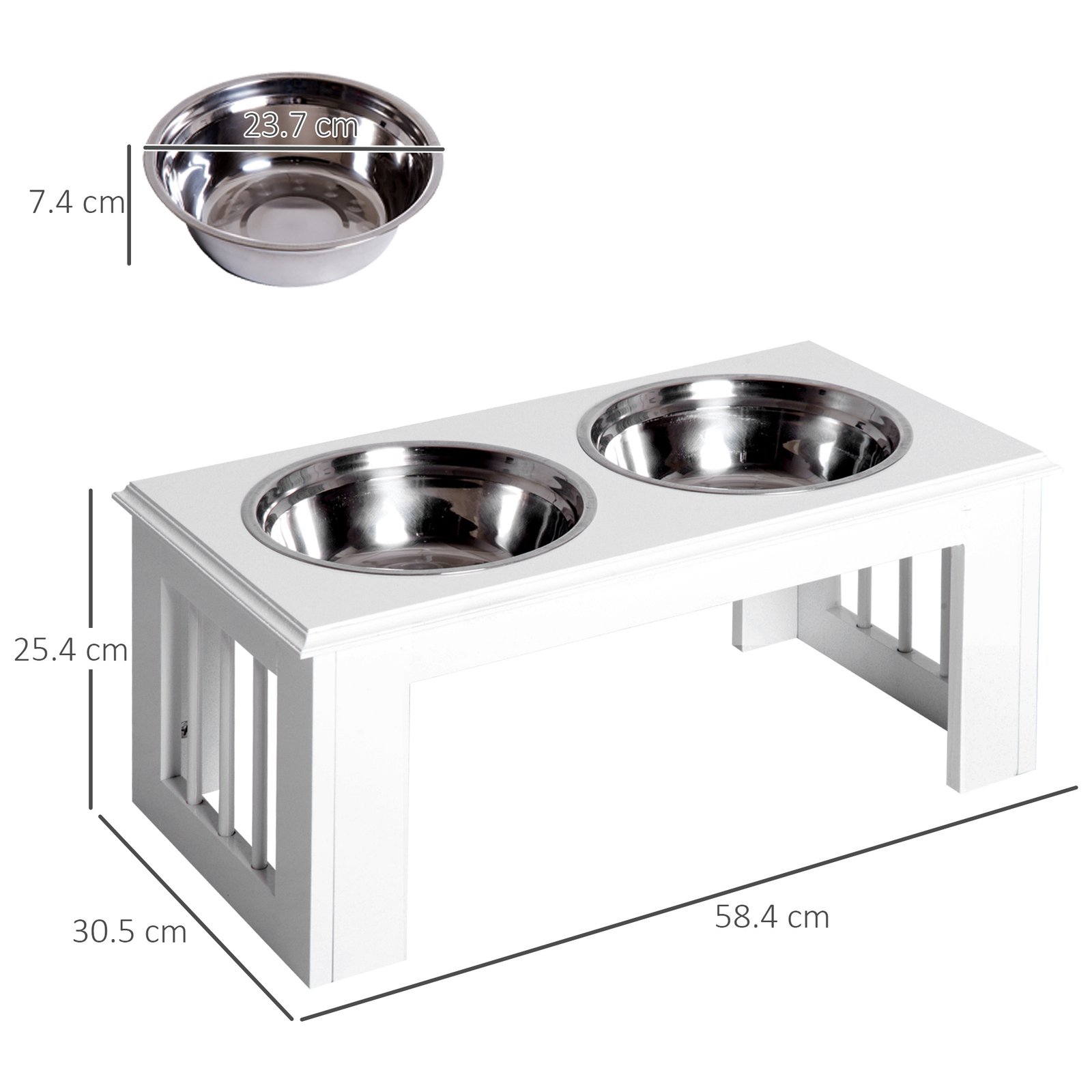 PawHut Raised Dog Feeding Bowls with Stand, Stainless Steel for Medium Dog, 58L x 31W x 25H cm - White - Image 3
