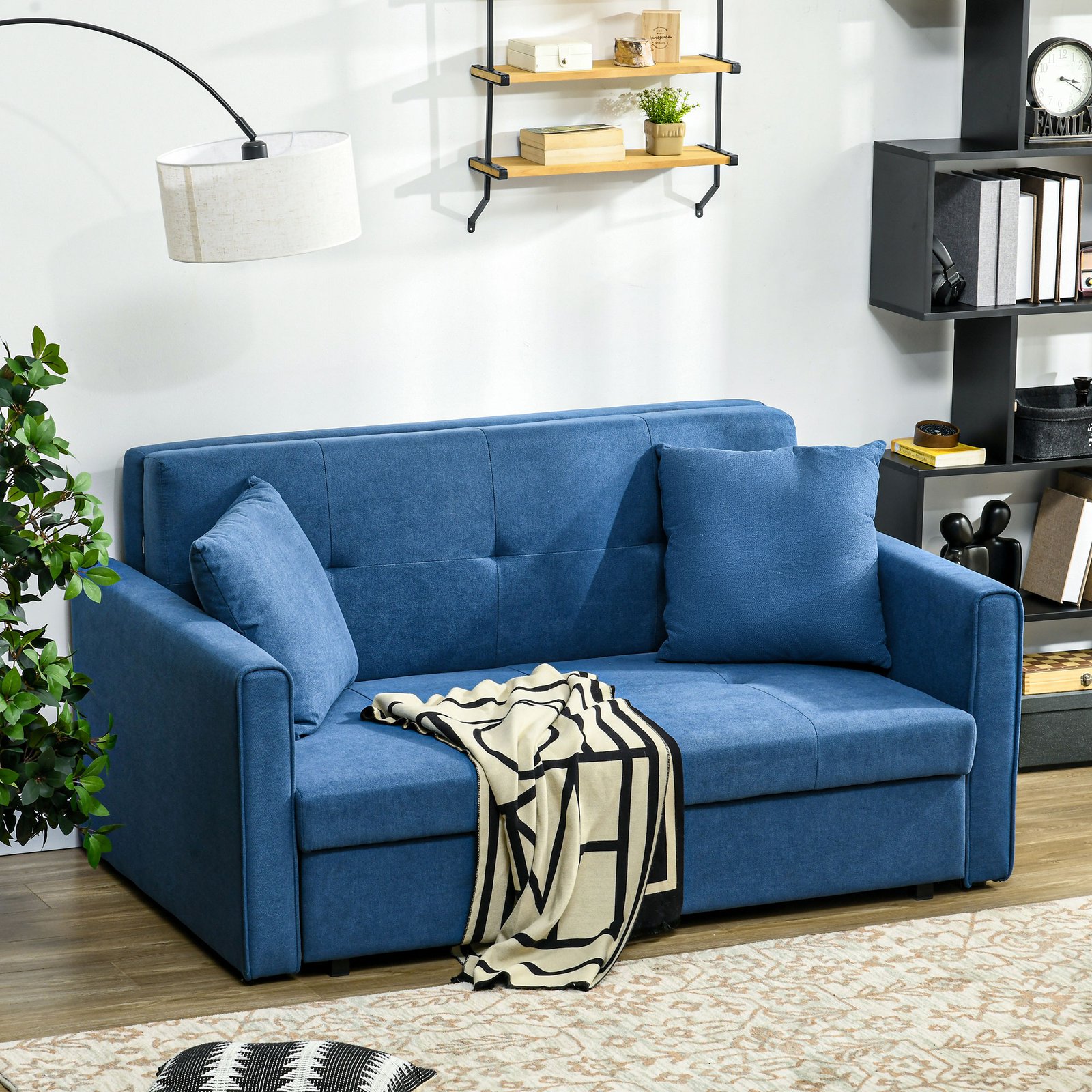 HOMCOM 2 Seater Sofa Bed with Hidden Storage, Pull Out Convertible Bed Settee, Modern Snow Flannel Loveseat Sofa Sleeper with 2 Cushions for Living Room, Guest Room, Deep Blue - Image 2