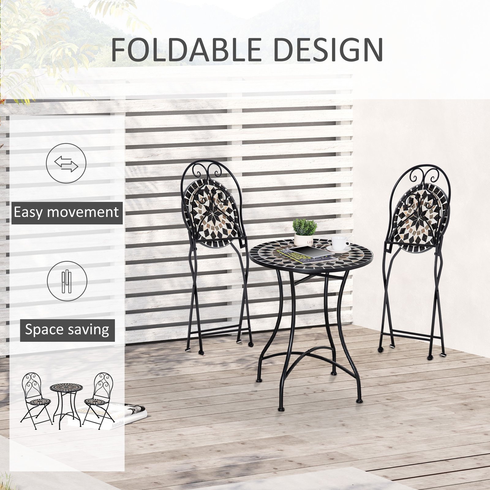 Outsunny 3 Pieces Garden Bistro Set with Coffee Table and 2 Folding Single Chairs, Mosaic Garden Table Top and Seats, Metal Frame, for Patio Balcony, Black - Image 5