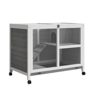 PawHut Wooden Rabbit Hutch Indoor with Wheels, Openable Roof, 91.5 x 53.3 x 73 cm, Grey