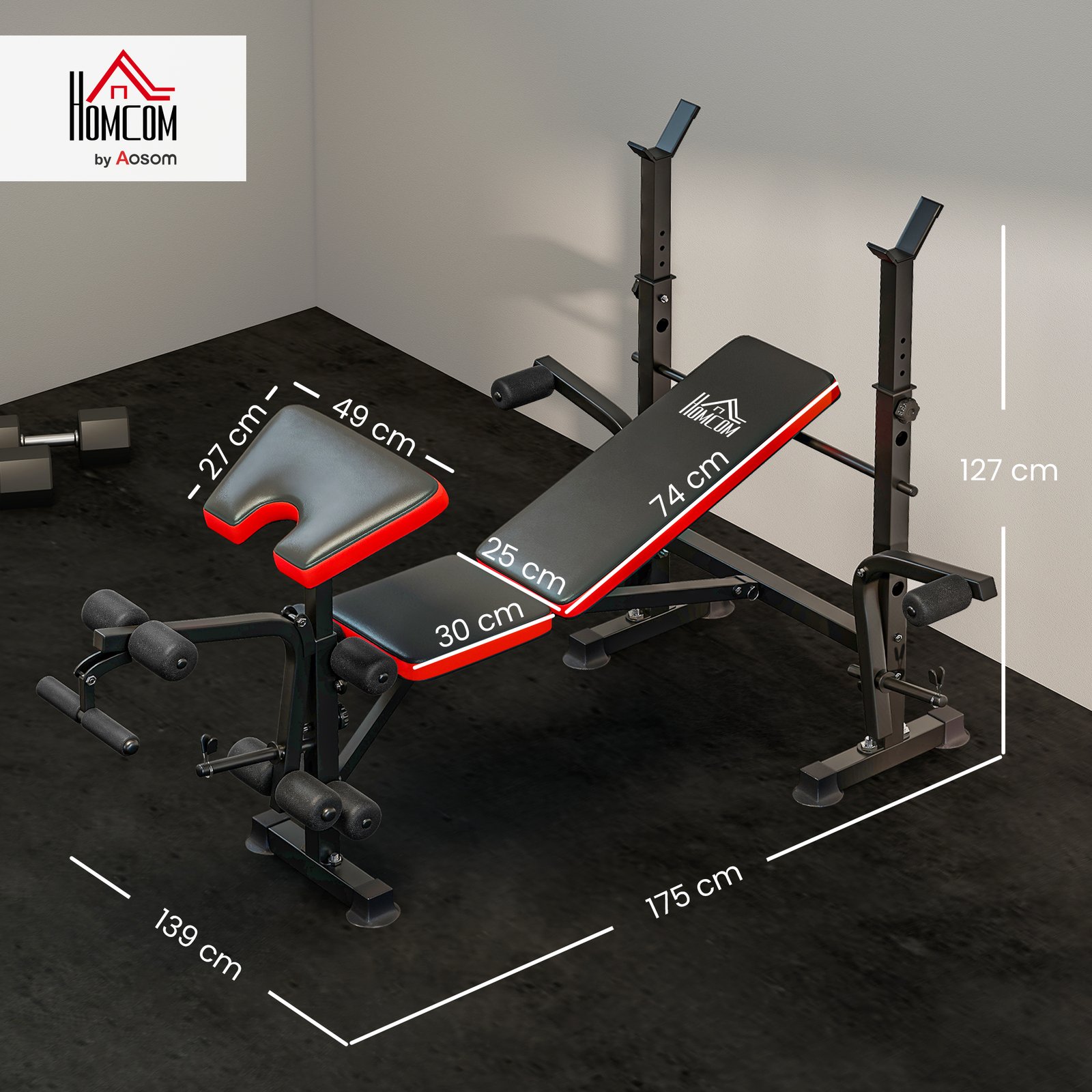 HOMCOM Adjustable Weight Bench with Leg Extension, Barbell Rack, Preacher Curl Pad, Butterfly, Multi-Function Home Gym Bench for Strength Training, Red - Image 3