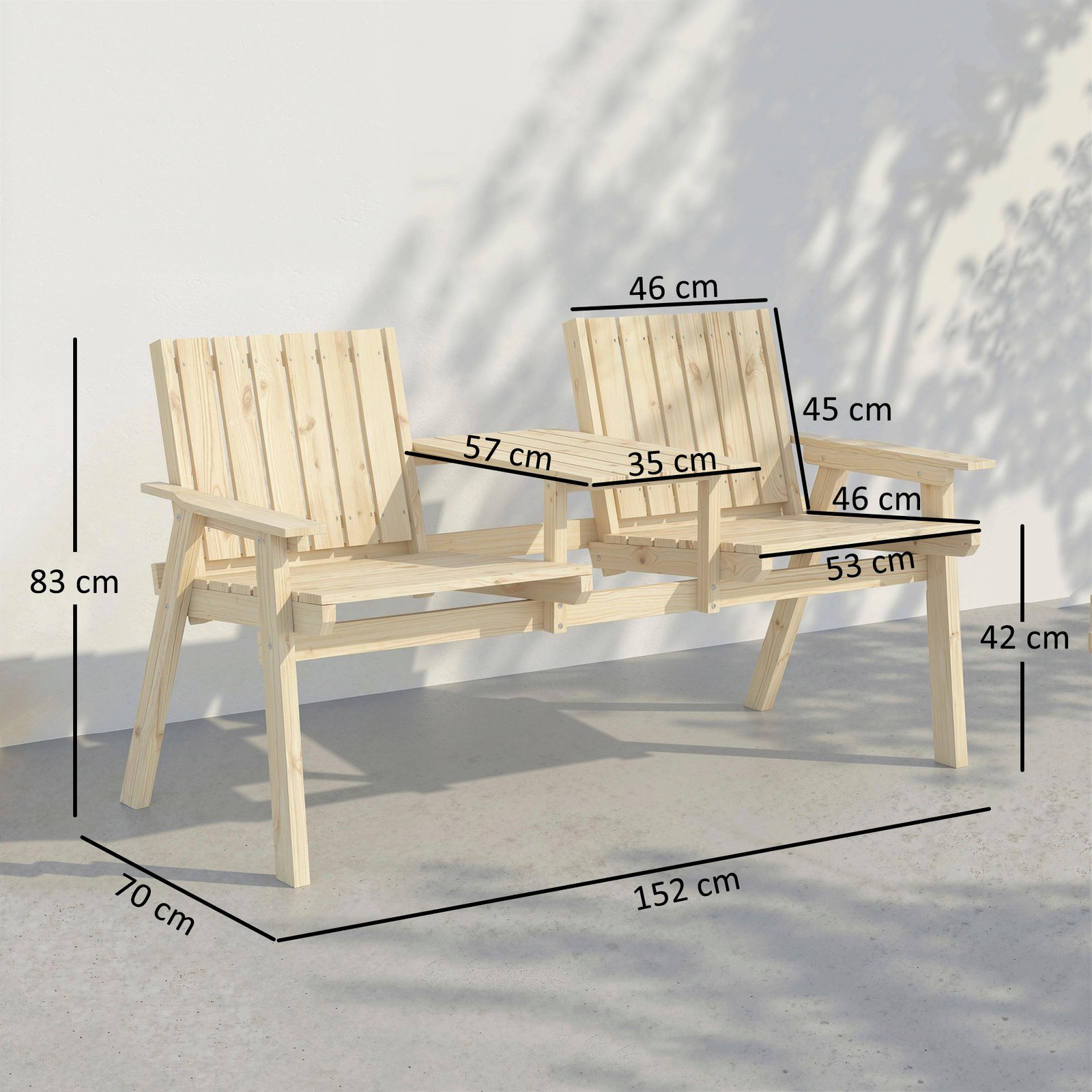 Outsunny 2-Seater Garden Loveseat with Table and Parasol Hole for Porch, Patio, Natural Wood Finish - Image 3