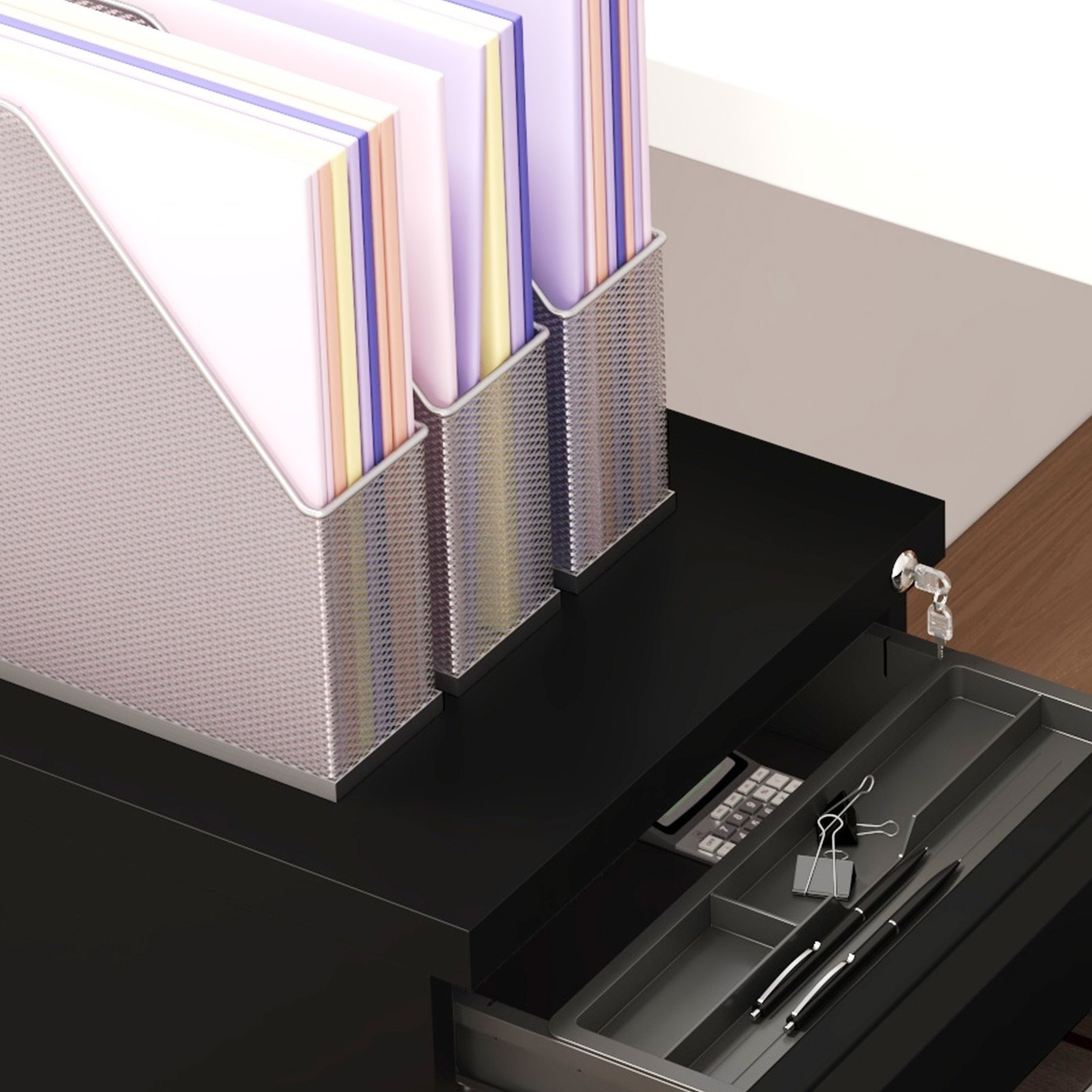 Vinsetto 3-Drawer Filing Cabinet with Lock, Mobile Steel File Cabinet for A4, Legal and Letter Size, Under Desk Drawers with Pre-Assembled Body for Home Office, 37 x 43.5 x 60 cm, Black - Image 9