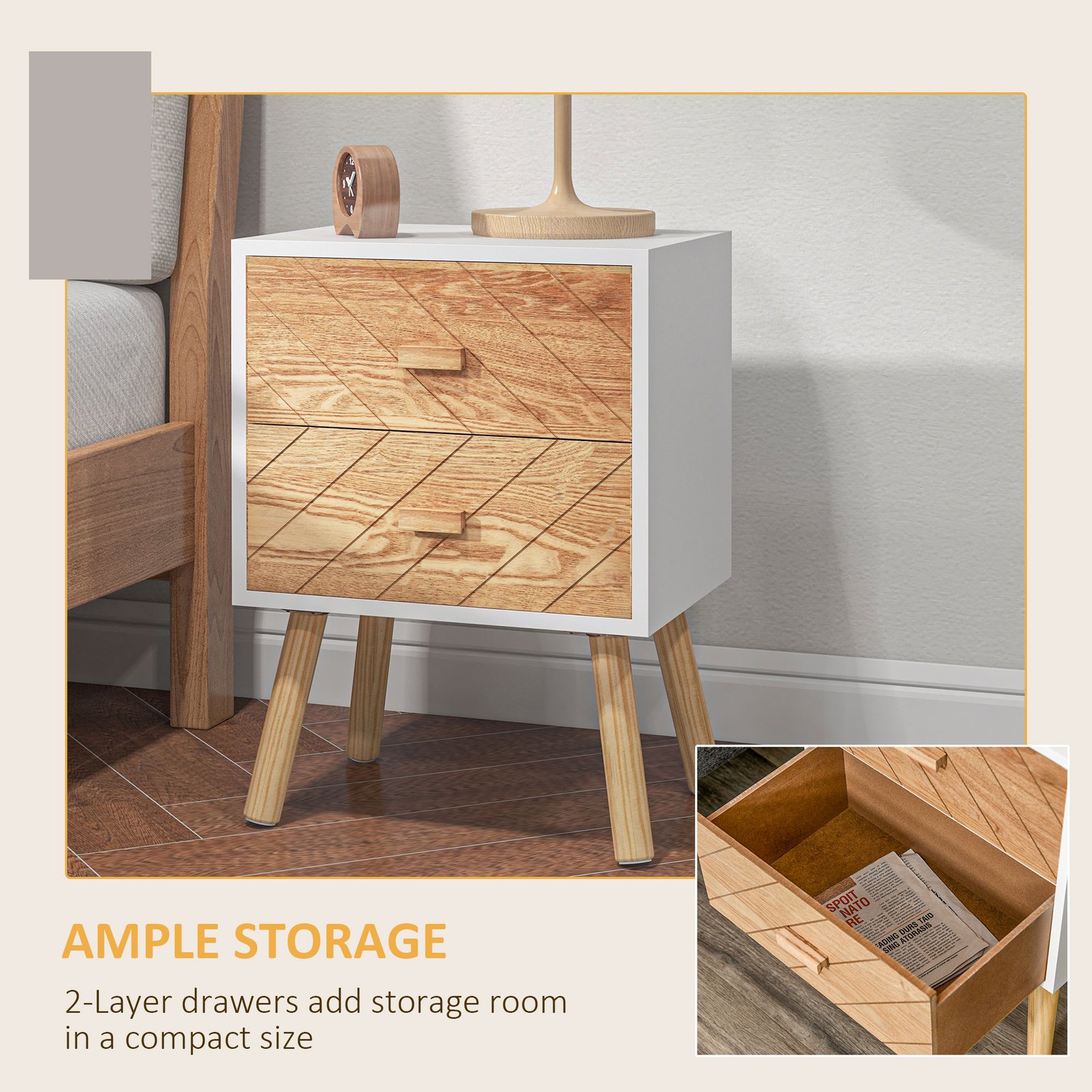 HOMCOM 2 Drawers Bedside Table with Pine Legs, Bedroom Wooden Storage Cabinet, Set of 2, Natural - Image 5