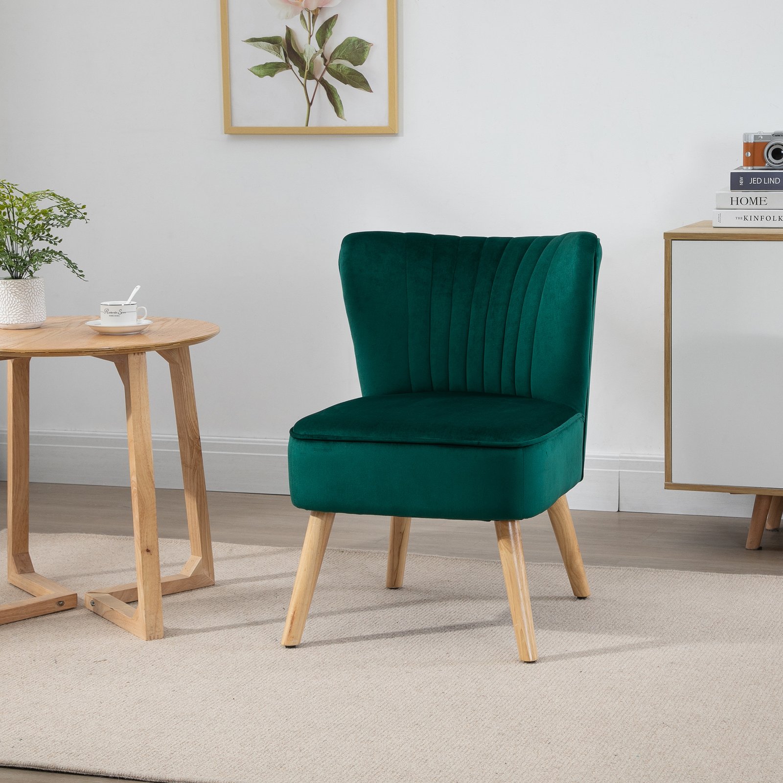 HOMCOM Modern Accent Chair, Fabric Living Room Chair with Rubber Wood Legs and Thick Padding, Green - Image 2