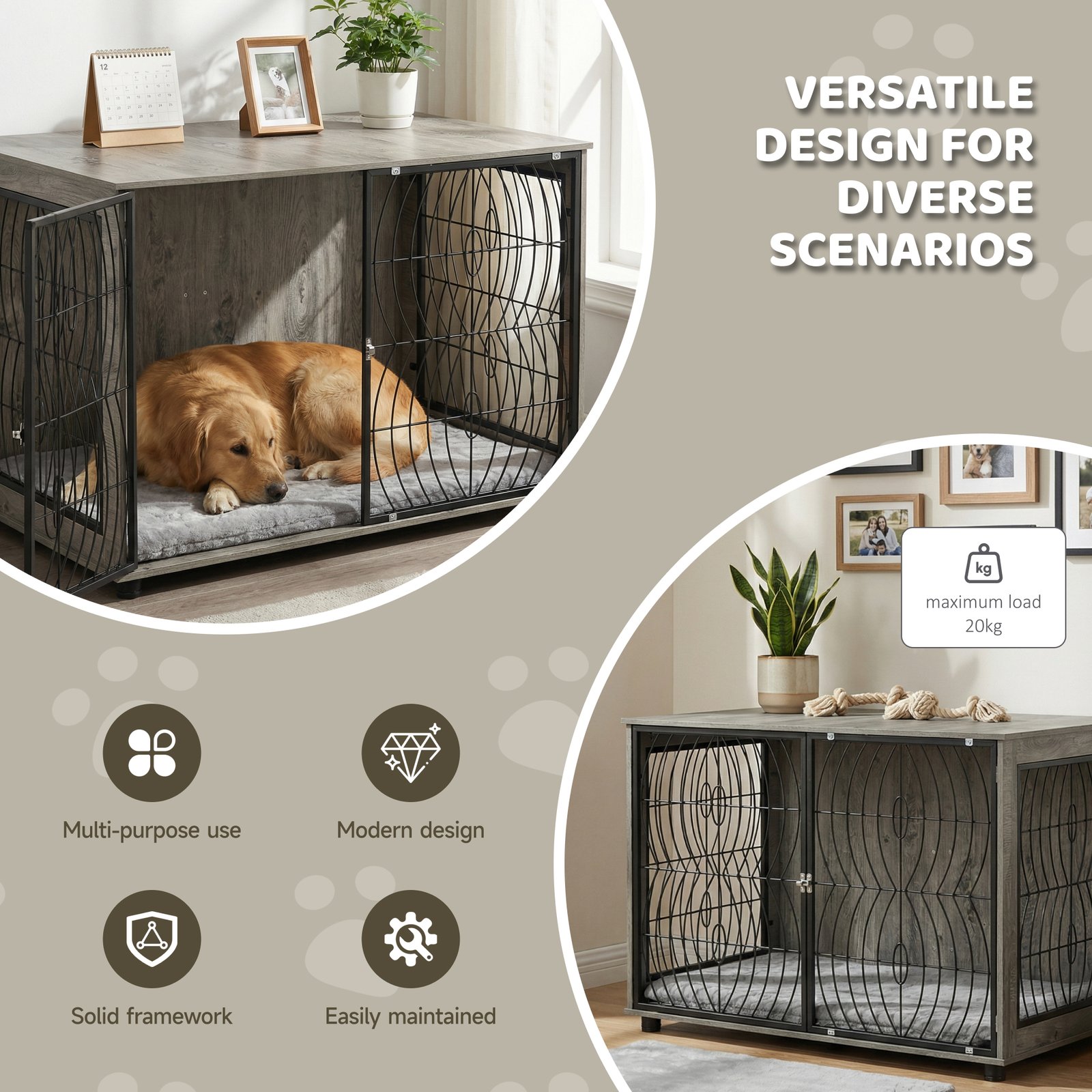 PawHut 46.46'' Dog Crate Furniture End Table w/ Plush Washable Cushion, Lockable Door, for Extra Large Dogs - Image 5