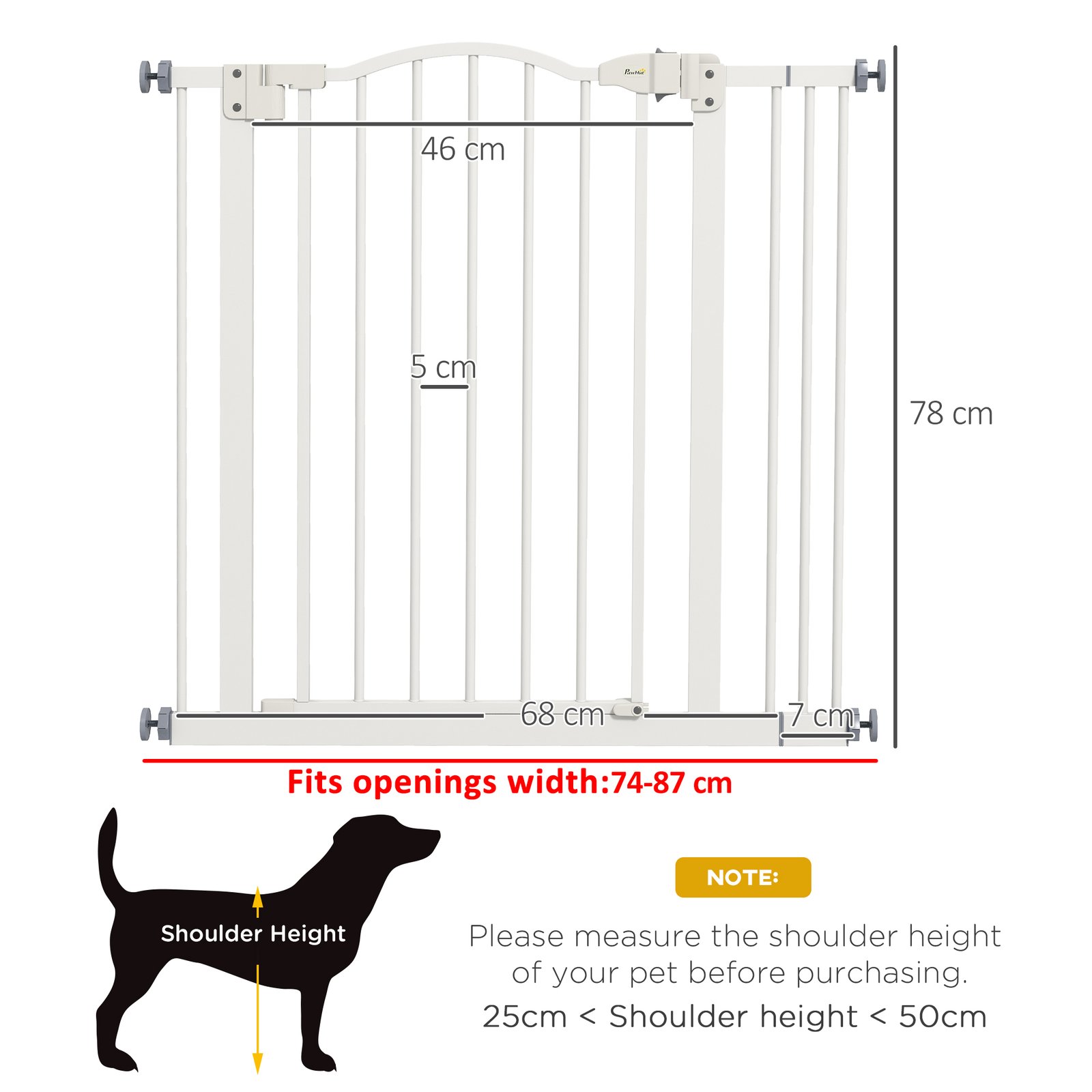 PawHut Metal 74-87cm Adjustable Pet Gate Safety Barrier w/ Auto-Close Door White - Image 3