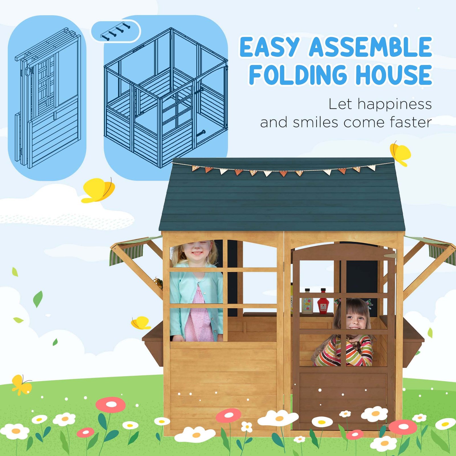 AIYAPLAY Wooden Playhouse for Kids, Foldable Wendy House with Windows, Working Door, Service Stations, Rain Covers, Brown - Image 5