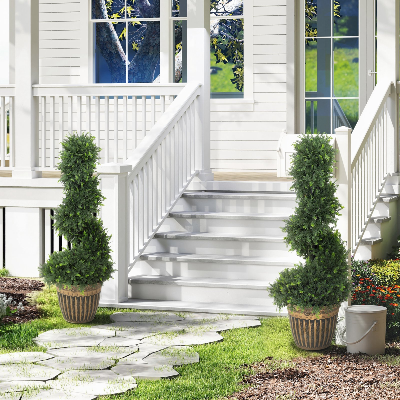 HOMCOM Set of 2 Artificial Plants, Topiary Spiral Boxwood Cypress Trees with Pot, for Home Indoor Outdoor Decor, 90cm - Image 7