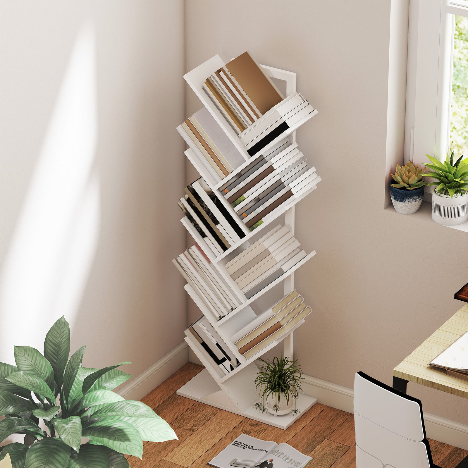 HOMCOM 9-Tier Tree Bookshelf, Industrial Free Standing Bookcase with Steel Frame, Display Storage White - Image 7
