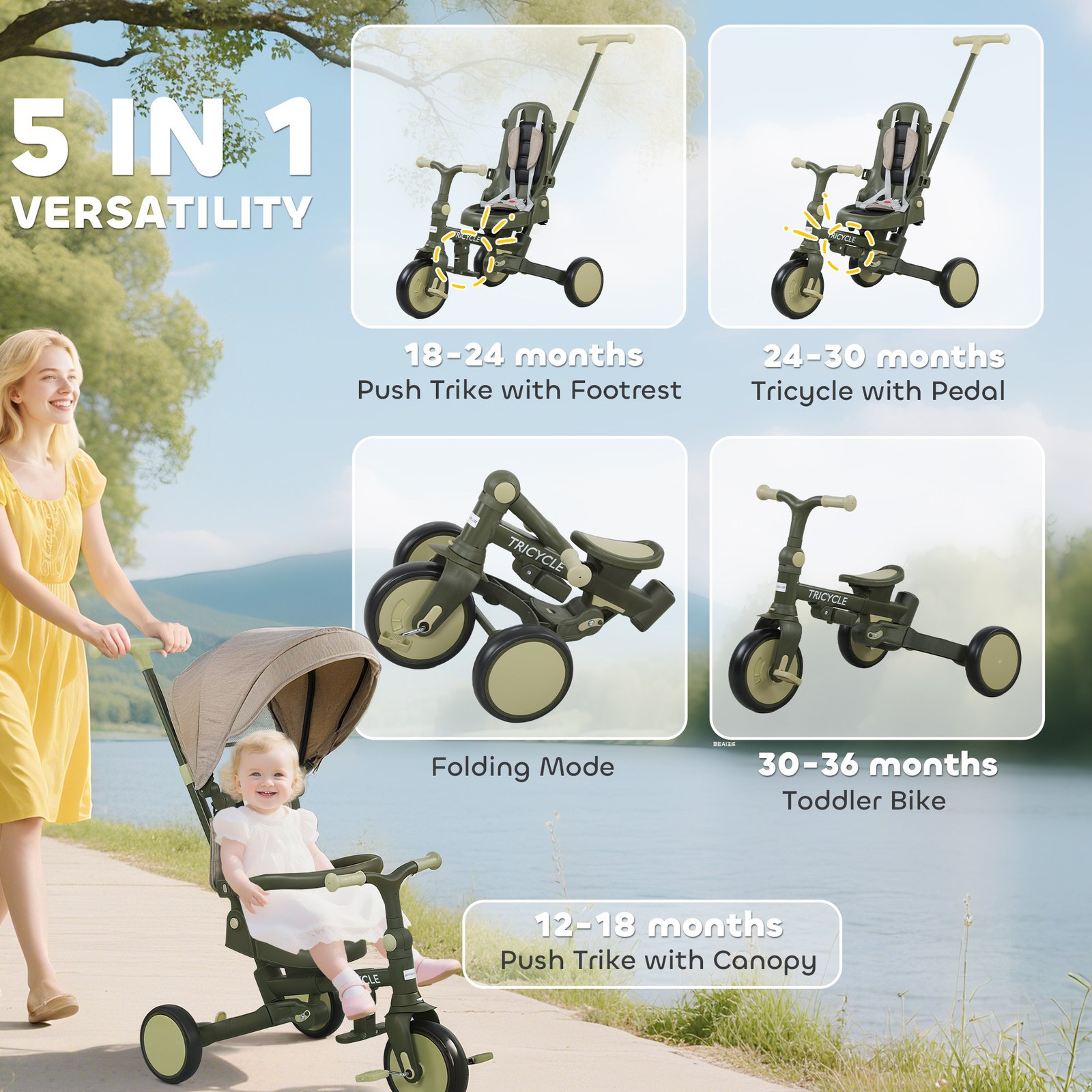 AIYAPLAY 5 in 1 Kids Trike with Adjustable Backrest, Toddler Tricycle with Push Handlebar, Adjustable Backrest, Dark Green - Image 4