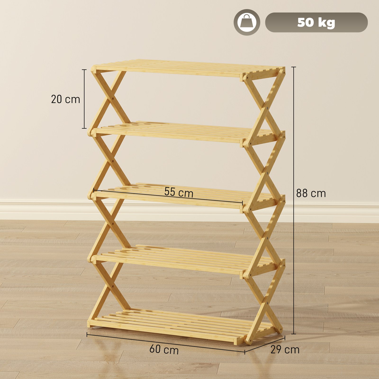HOMCOM Five-Tier Folding Bamboo Shoe Rack - Natural Finish - Image 3