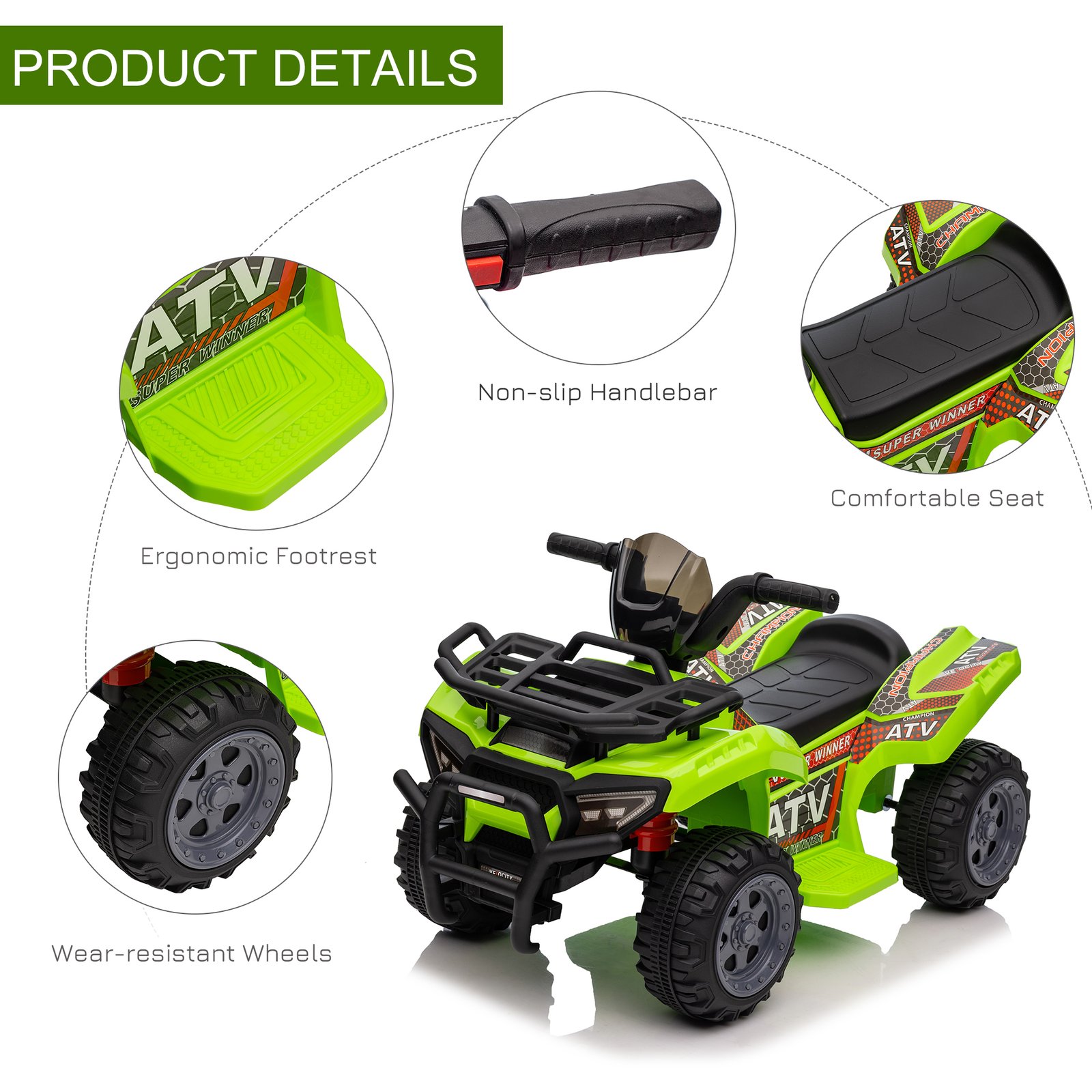 HOMCOM 6V Kids Electric Ride on Car Toddlers Quad Bike All Terrain Vehicle Toy With Music for 18-36 months Green - Image 5