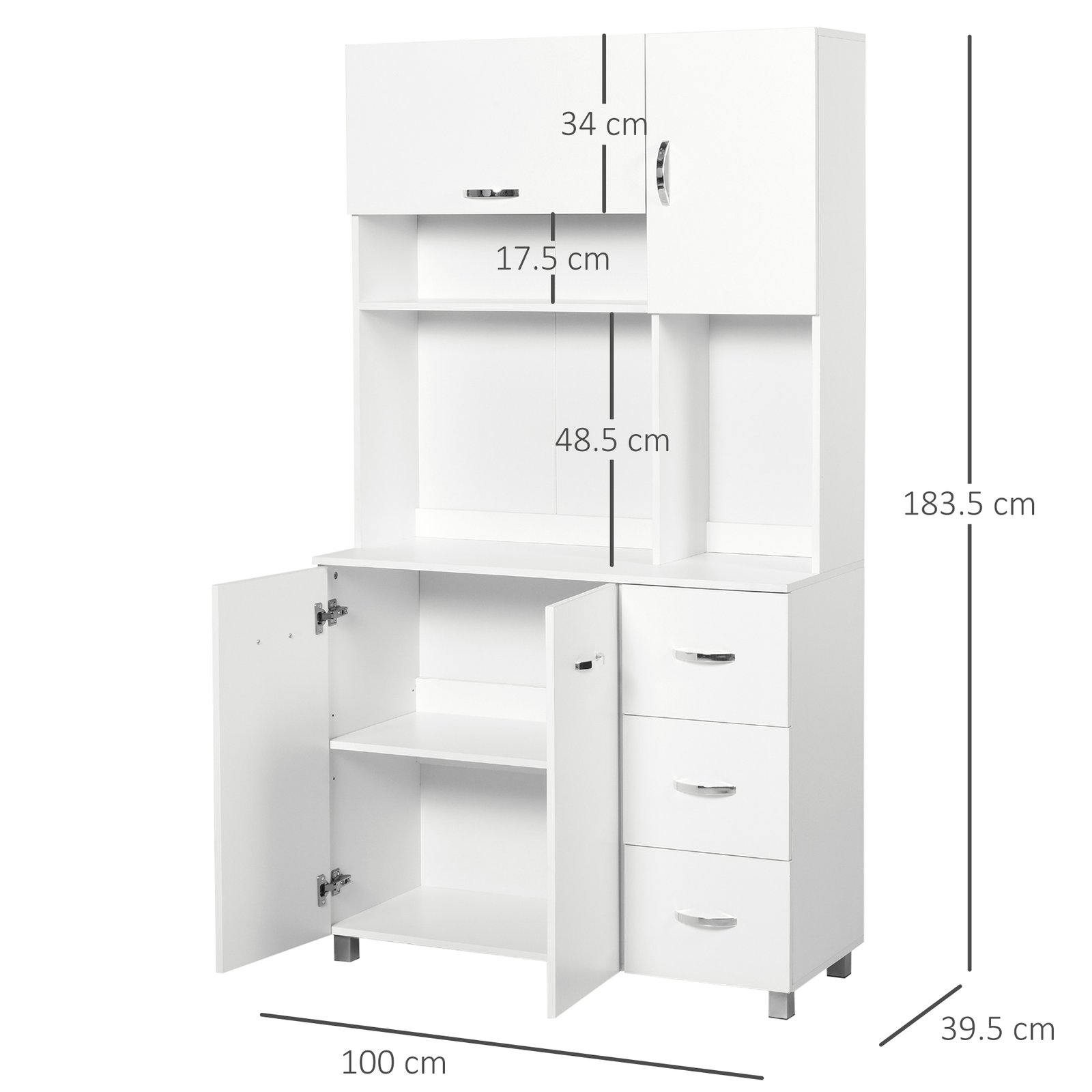 HOMCOM Kitchen Cupboard, 183cm Tall Storage Cabinet with Countertop, Sideboard with 3 Small Drawers, Flip Up Top Door, 3 Cabinet Doors and Open Shelves, 100W x 39.5D x 183.5H cm, White - Image 3