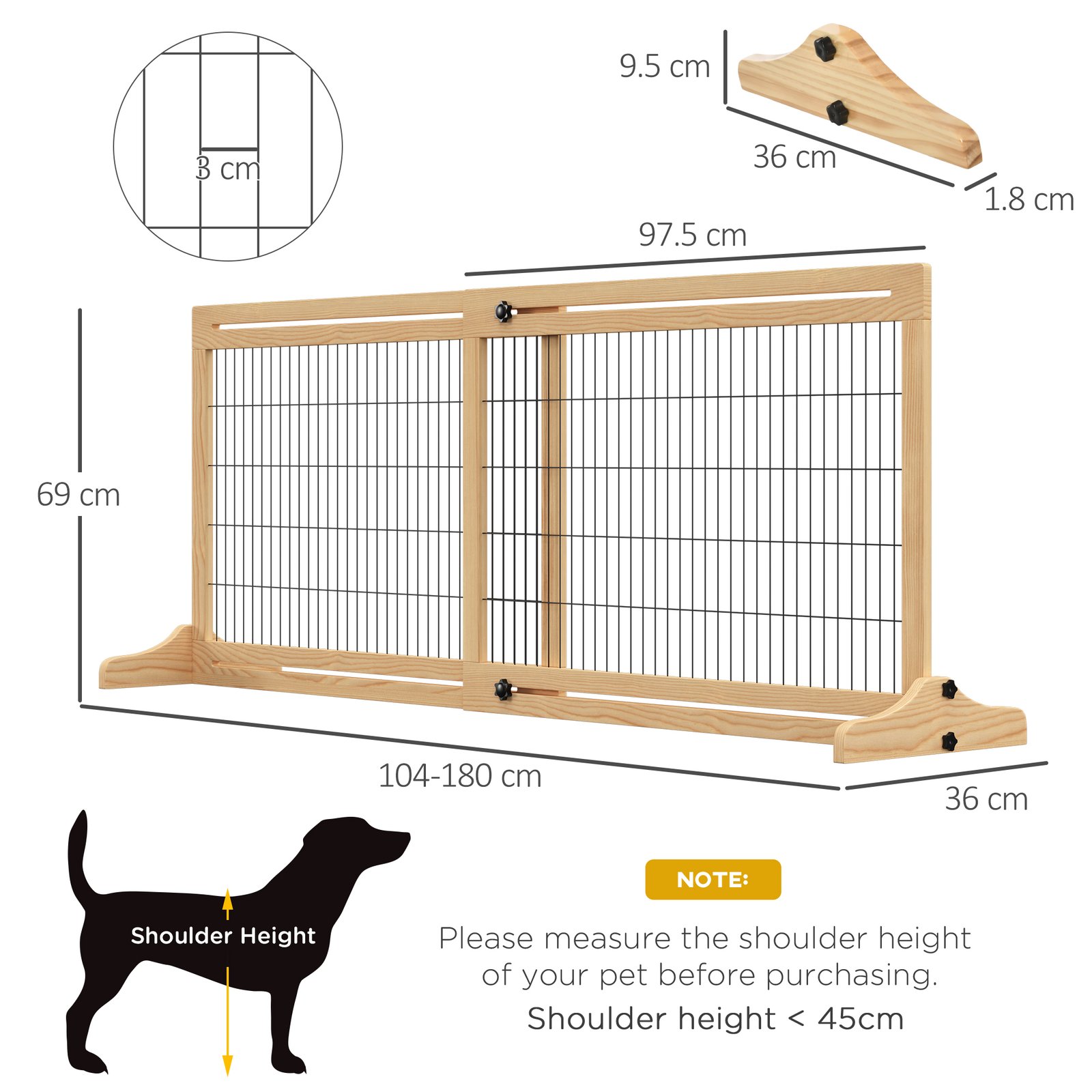PawHut Freestanding Dog Gate, Foldable Pet Fence, Indoor Wood Barrier, Stair Gate with Support Feet, for Doorway, Hallway, Small and Medium Dogs, 69H x 104-180 cm, Natural Wood Finish - Image 3