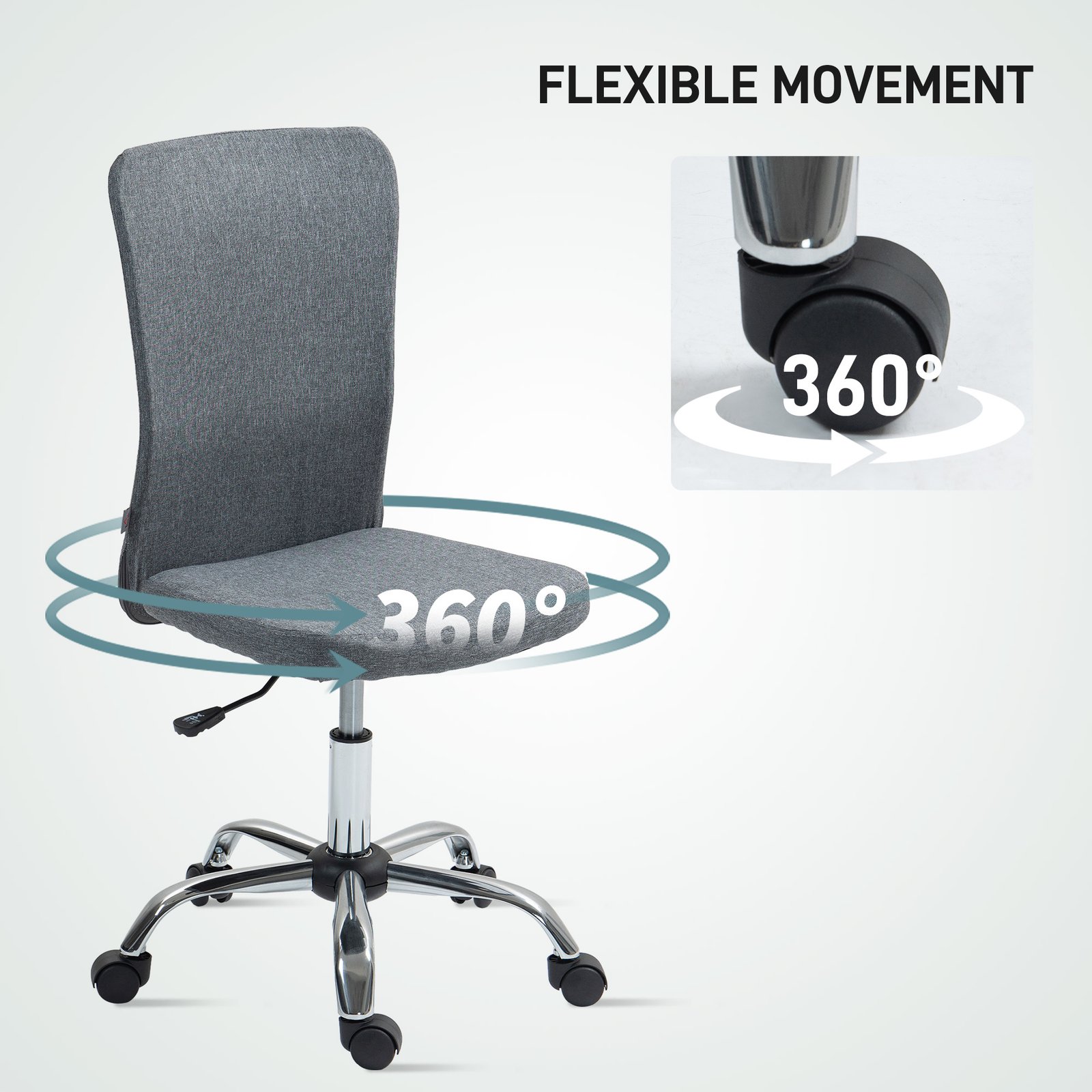 HOMCOM Armless Computer Desk Chair, Fabric Swivel Office Chair, Makeup Vanity Chair with Height Adjustable, Wheels, for Home Study Bedroom, Grey - Image 6