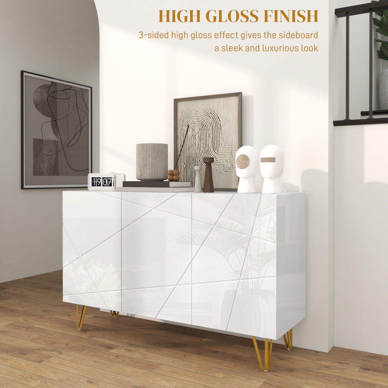 HOMCOM Modern Luxe High Gloss Sideboard, with Hairpin Legs - White - Image 4