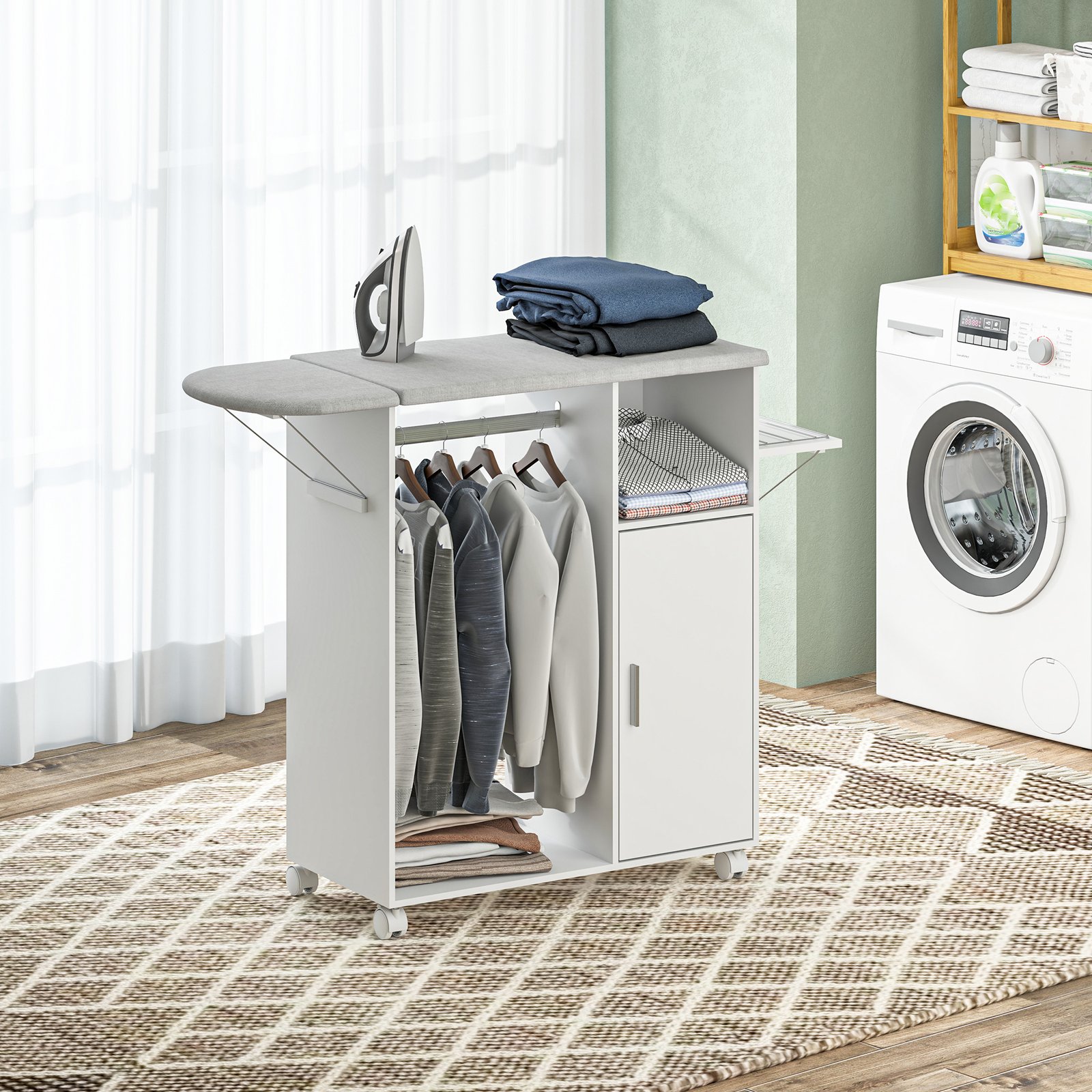 HOMCOM Rolling Ironing Board Cabinet, Foldable Ironing Station with Storage, Wheels for Home, Laundry Room, White - Image 8