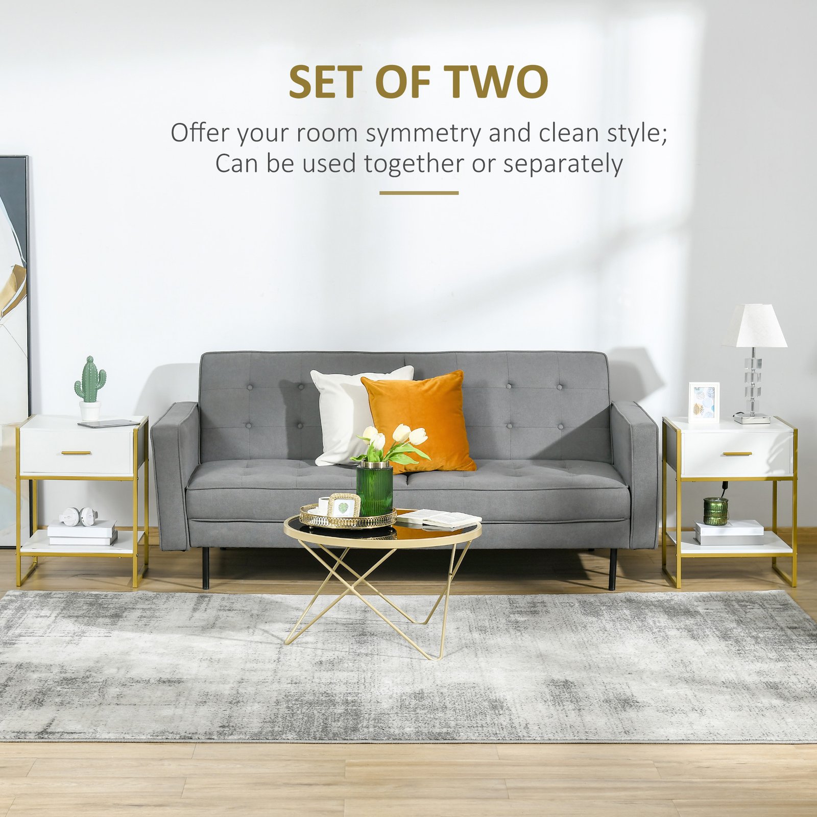 HOMCOM Modern Bedside Table, Nightstand with Drawer Shelf, Side Table for Living room, Bedroom White and Gold, Set of 2 - Image 4