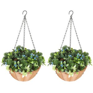 HOMCOM Pack of 2 Faux Plant Artificial Lisianthus Flowers, Hanging Planters with Basket, PE Leaves, 18 Flowers and 3 Pinecones, Decorative Faux Plants for Home Office Decor, Green