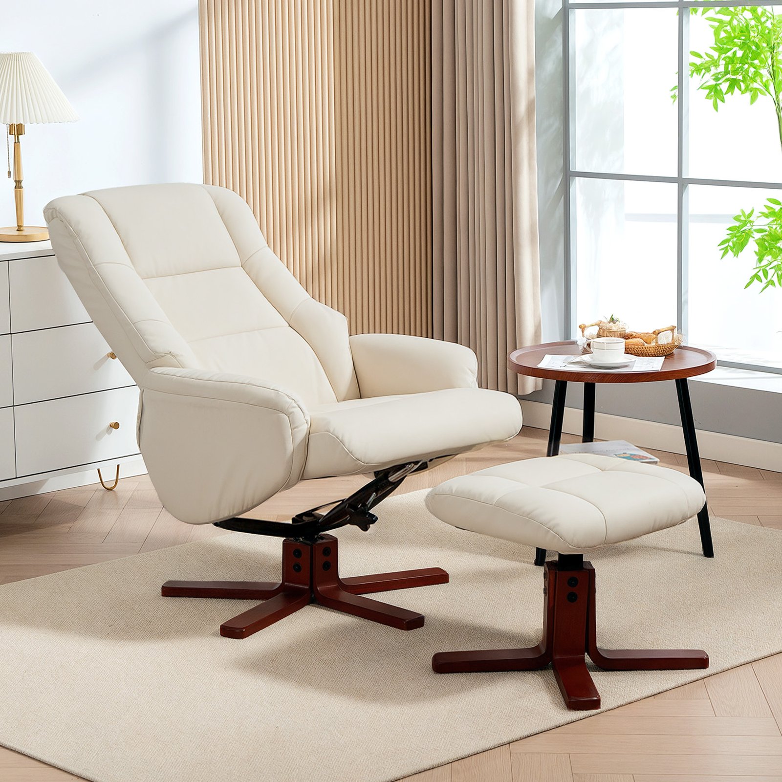 HOMCOM Rocking Recliner Chair with Footstool, PU Leather Recliner Armchair with Wood Base, Upholstered Reclining Chair for Living Room Bedroom, Cream - Image 2