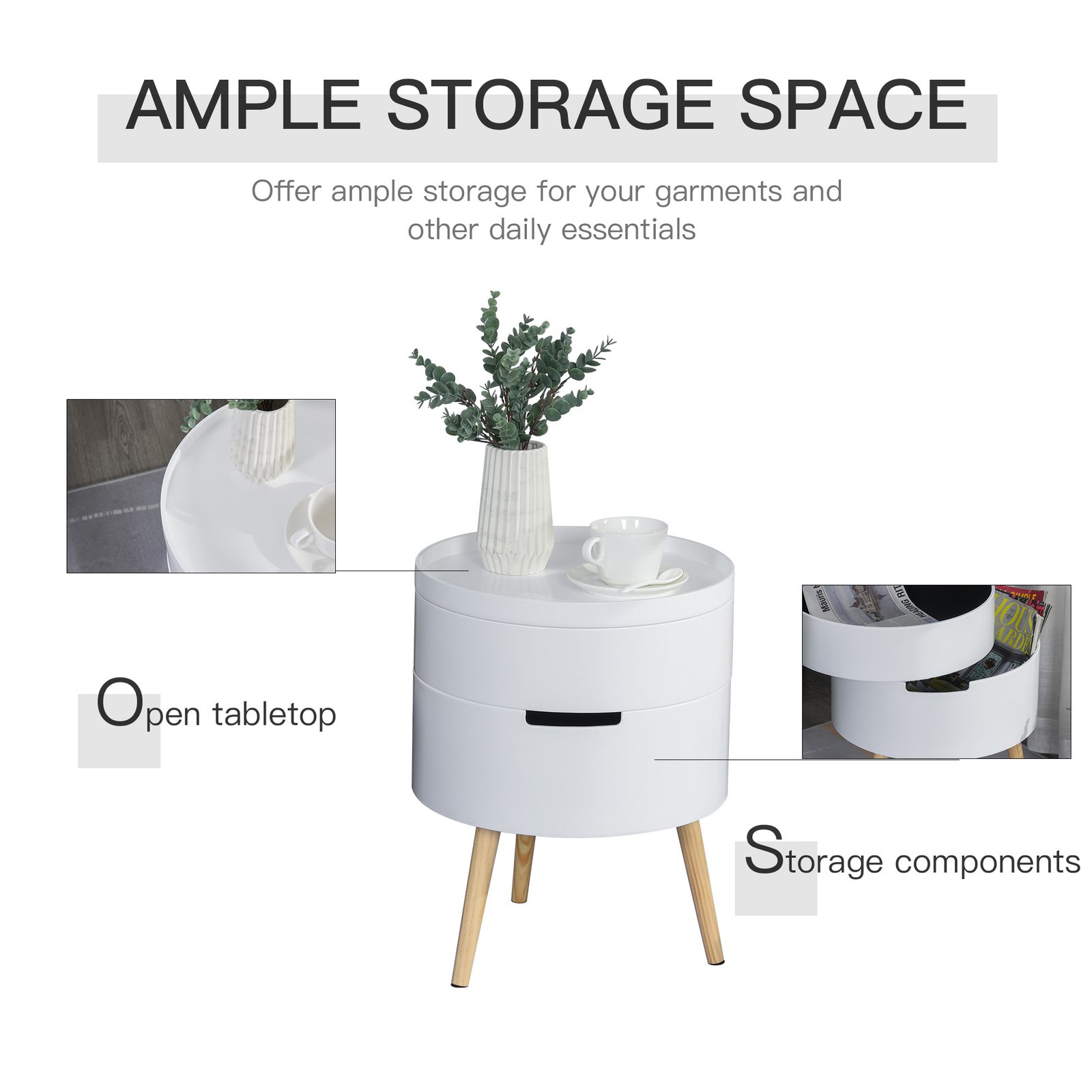 HOMCOM 3-Tier Coffee Table, Round End Table with 2 Hidden Compartments and Detachable Tray, Side Table with Storage for Living Room, White - Image 5