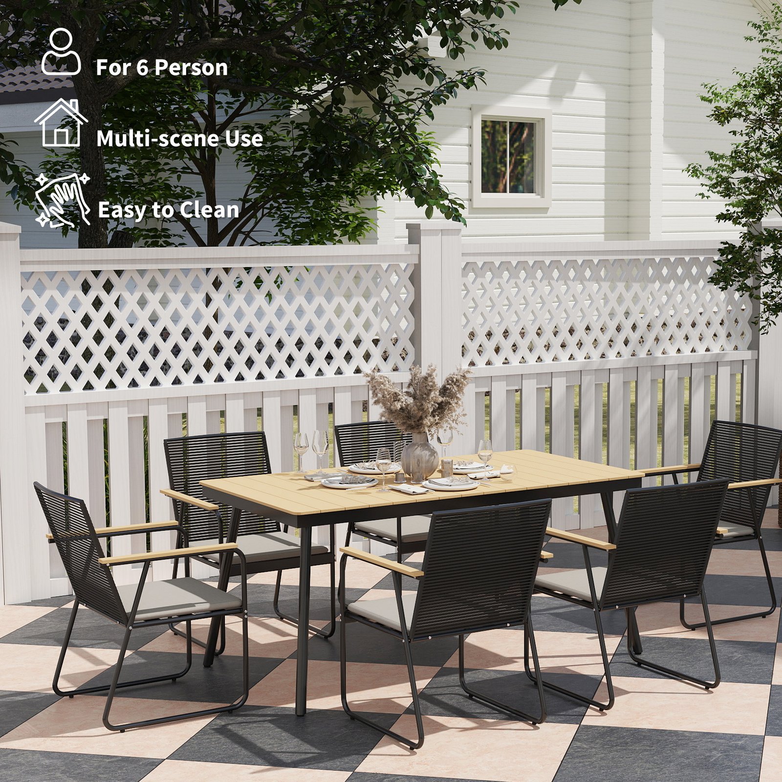 Outsunny 6 Seater Garden Dining Set with Soft Cushions, Rattan Backrest, Rectangular Plastic Top, Garden Furniture Set, Outdoor Dining Table and Chairs for Patio, Balcony, Poolside, Nature Wood Finish - Image 6