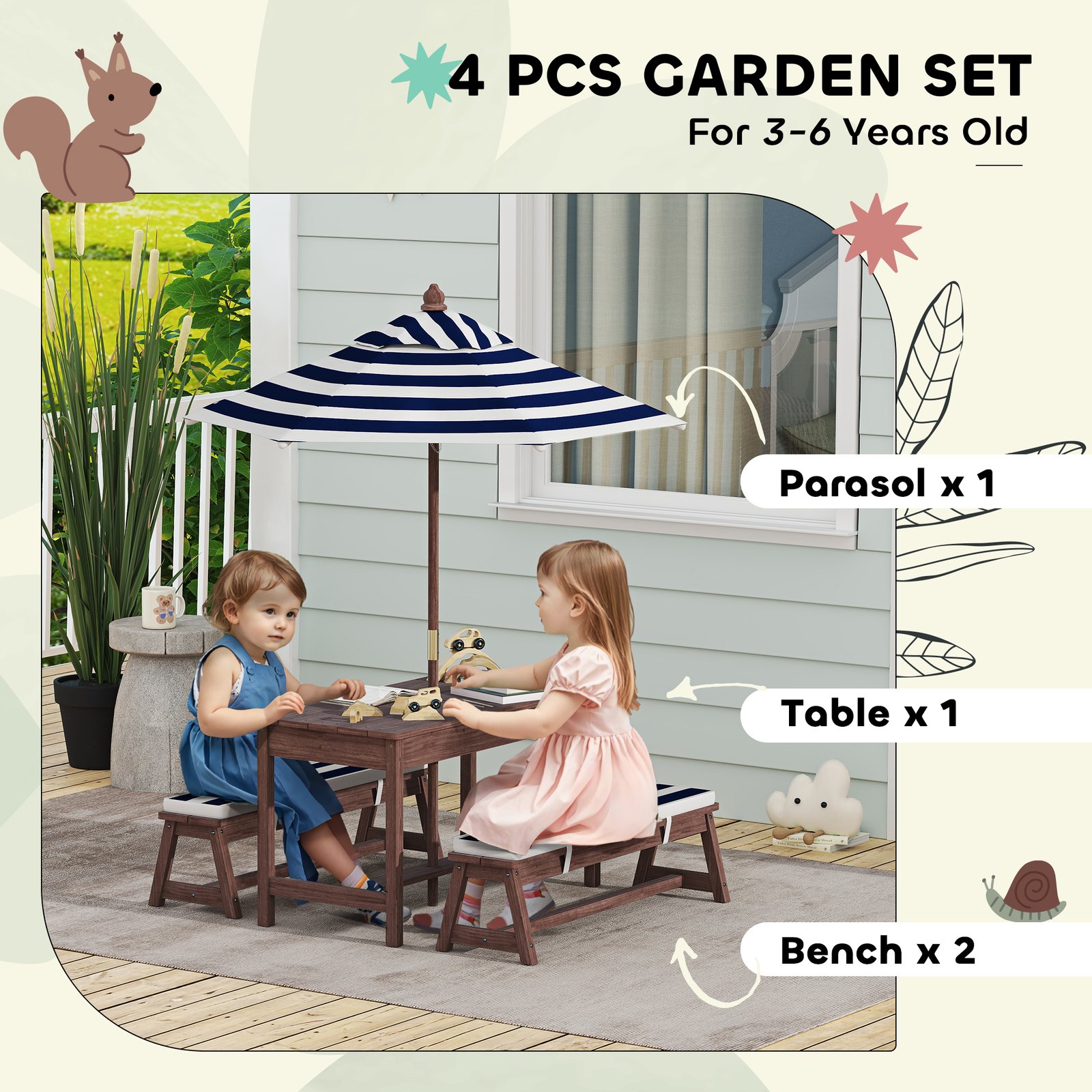 AIYAPLAY Outdoor Wooden Kids Picnic Table & Bench Set with Cushions and Umbrella, for Patio, Garden, Navy Blue - Image 4