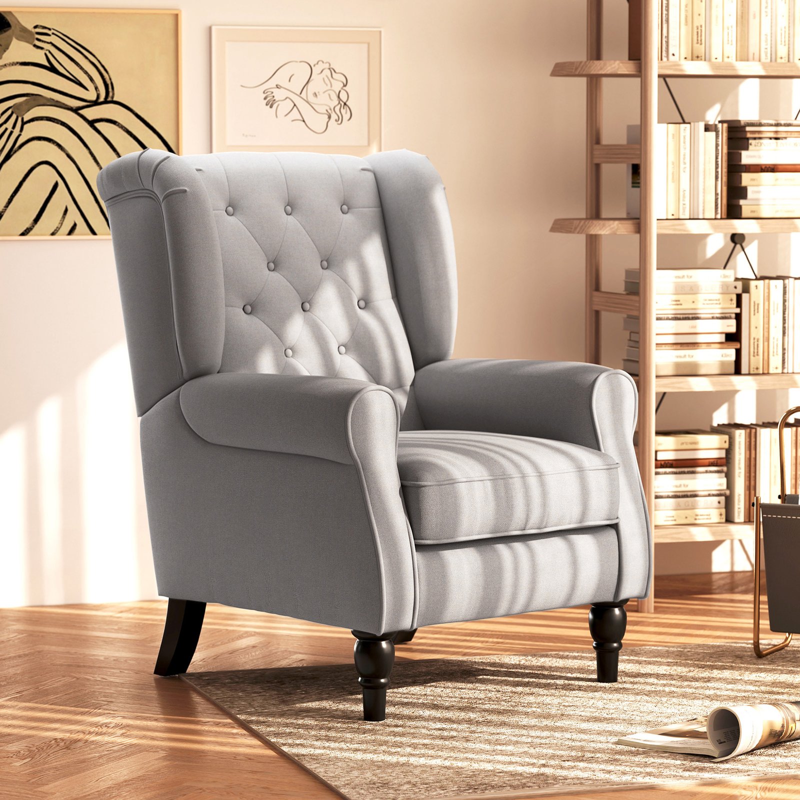 HOMCOM Retro Accent Chair, Wingback Armchair with Wood Frame Button Tufted Design for Living Room Bedroom, Grey - Image 2