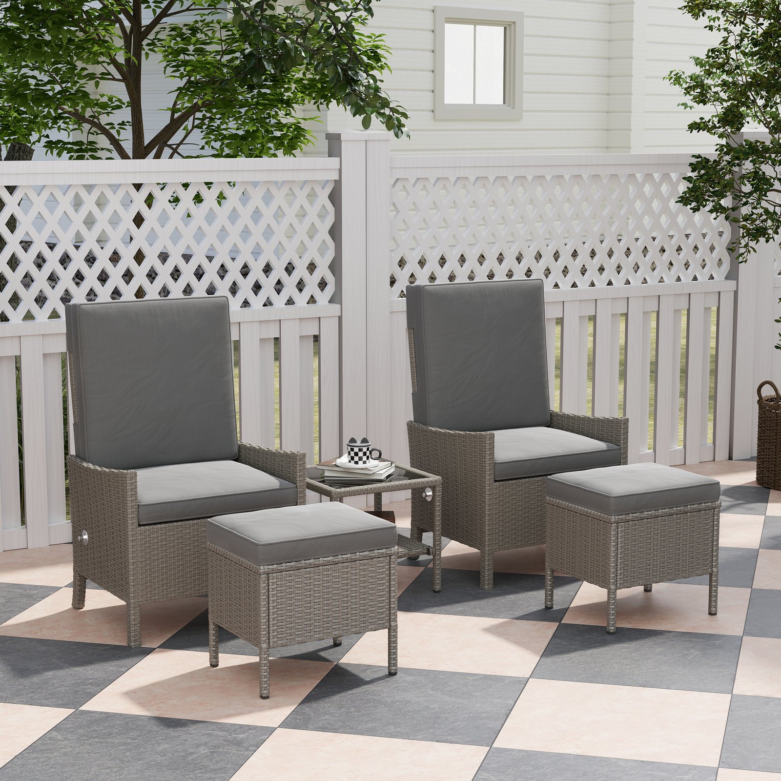 Outsunny 5 Piece Rattan Garden Furniture Set, Wicker Patio Sofa Set with 2 Armchairs, 2 Footstools, Glass Top Coffee Table with Shelf, Outdoor Furniture with Adjustable Backrests, Cushions, Dark Grey - Image 2