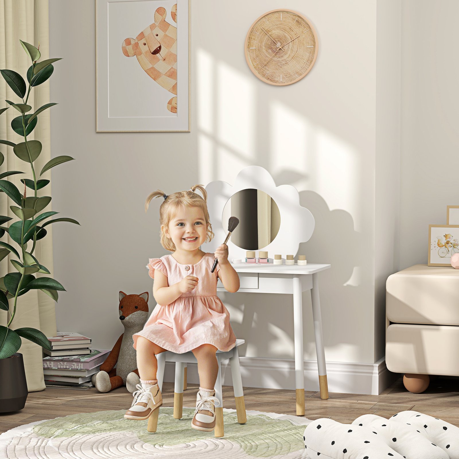 AIYAPLAY Kids Dressing Table with Mirror, Stool, Drawer, Cloud Design, White - Image 2