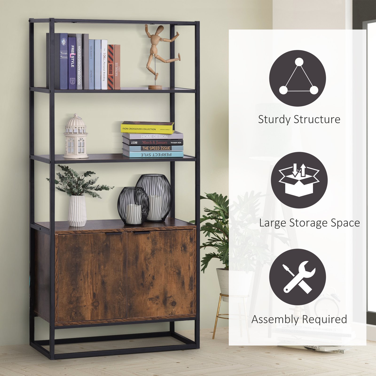HOMCOM Industrial Bookshelf, Storage Shelf, Large Bookcase with 3 Open Shelves, Multifunctional Rack for Living Room, Office, Rustic Brown and Black - Image 7