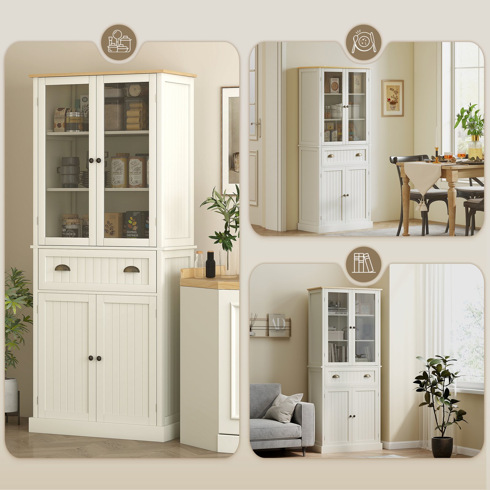 HOMCOM Freestanding Kitchen Cupboard, 5-tier Storage Cabinet with Adjustable Shelves and Drawer for Living Room, Dining Room, Cream White - Image 8