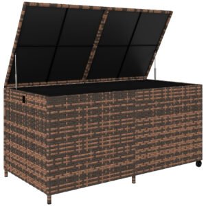 Outsunny 650L Garden Storage Box with 2 Wheels, Rattan Deck Box with Waterproof Zipped Liner, Safe Pneumatic Rods, Mixed Brown