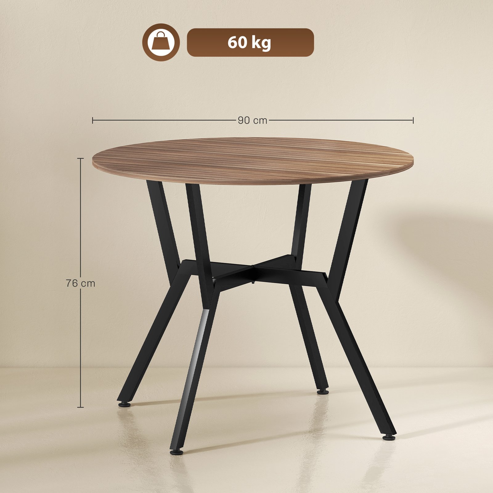 HOMCOM Dining Table, Round Kitchen Table with Black Legs, Anti-slip Foot Pads for Living Room, Dining Room 90 x 76 cm, Brown - Image 4