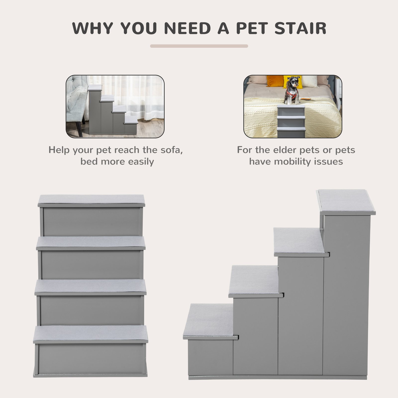 PawHut 4 Step Dog Steps for Bed, Wooden Dog Steps for Sofa, Pet Stairs for Bed Couch with Non-Slip Carpet for Cats and Puppies, 40 x 59 x 54.2 cm, Grey - Image 5