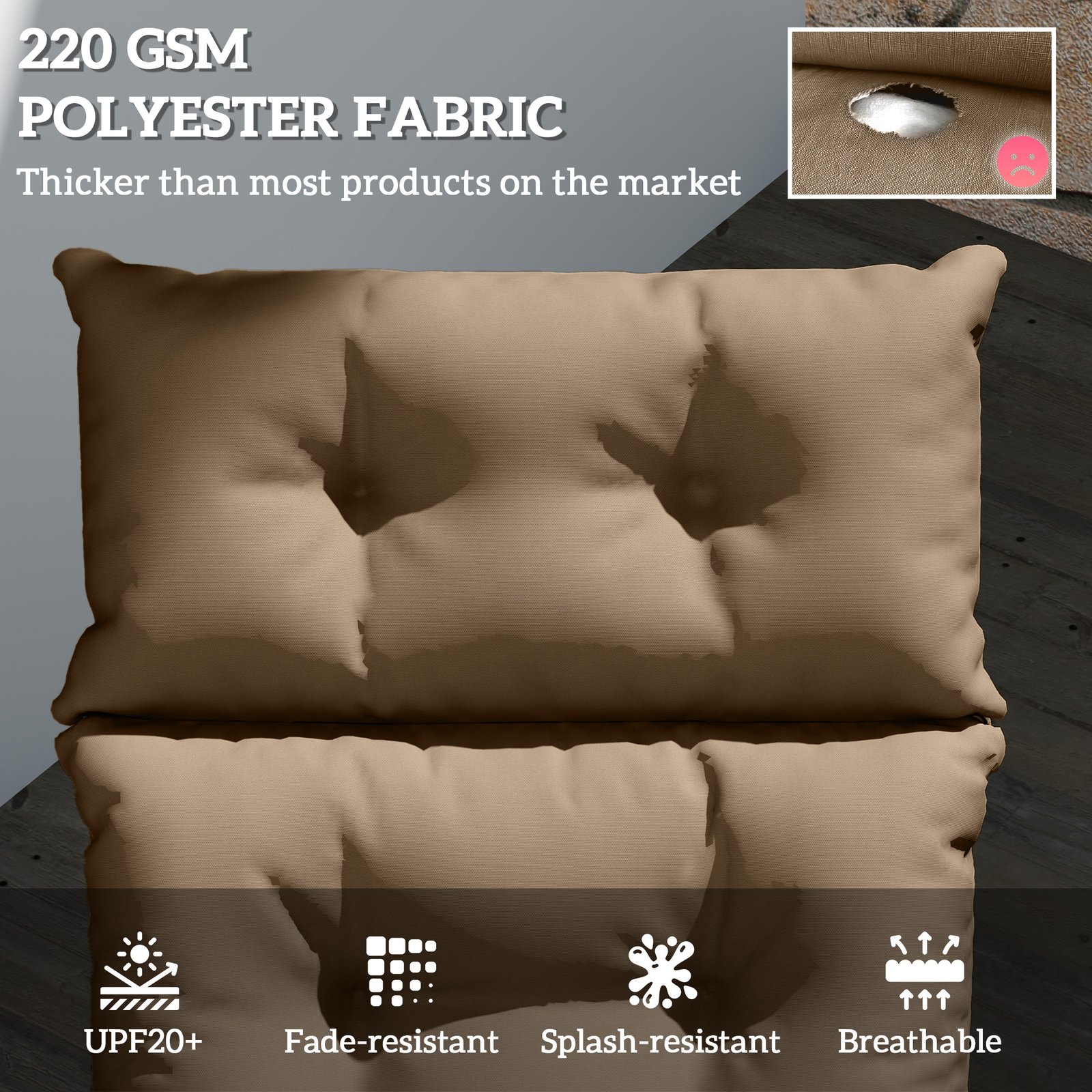 Outsunny Sun Lounger Cushions Only, 190x56x10cm Garden Lounge Chair Cushions, UPF20+ 220gsm Fabric, Thick Sunbed Replacement Pads with 6 Ties, Khaki - Image 4