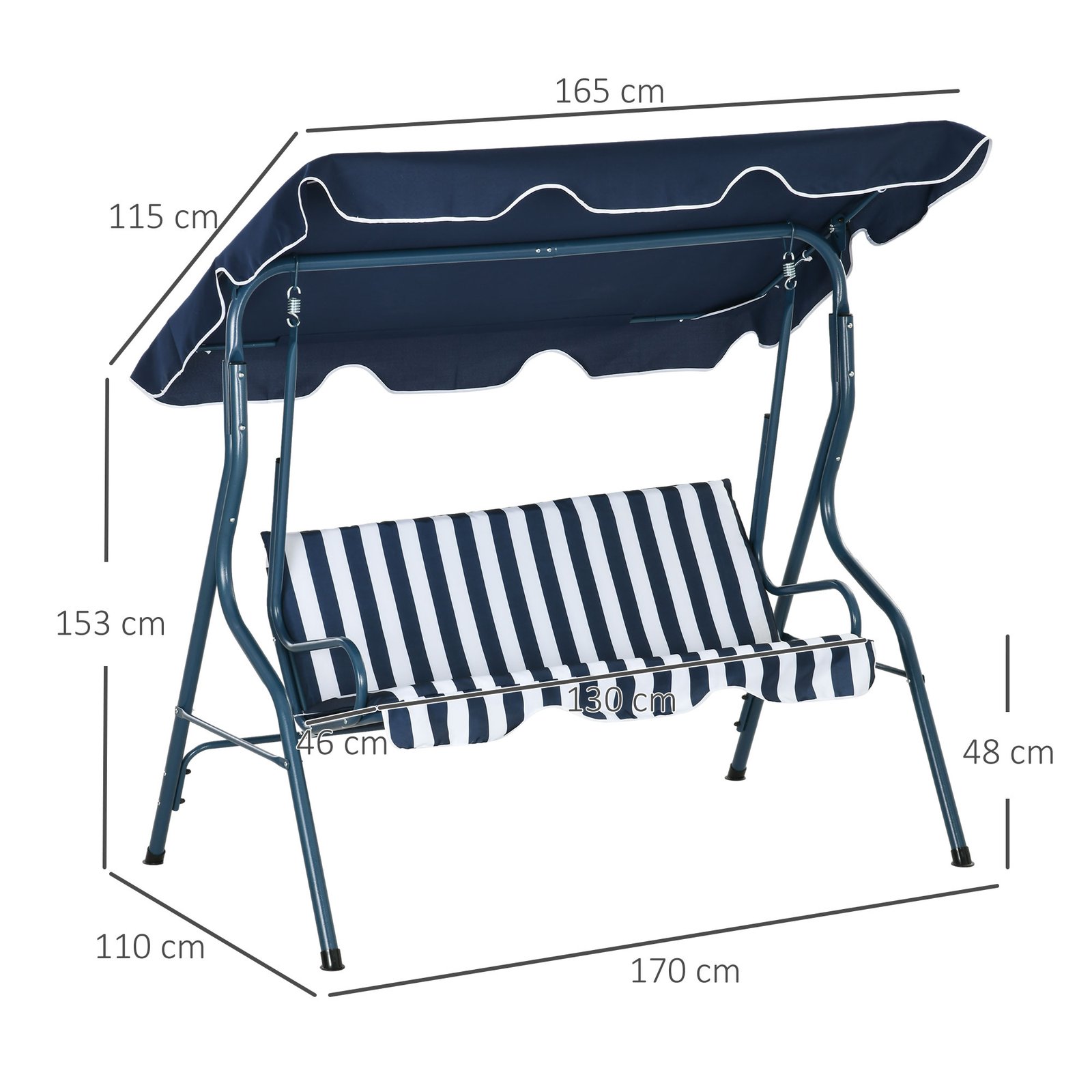 Outsunny 3 Seater Garden Swing Seat Chair Outdoor Bench with Adjustable Canopy and Metal Frame, Blue Stripes - Image 3