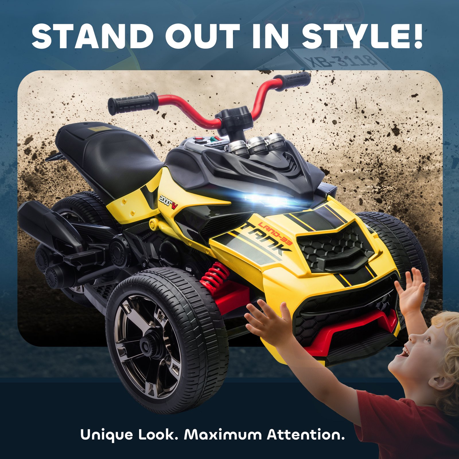 AIYAPLAY 12V Kids Electric Ride On Car with 3 Wheeler, MP3 Player, Horn, 2 Speeds, LED Lights for Boys & Girls Ages 3-8, Yellow - Image 7