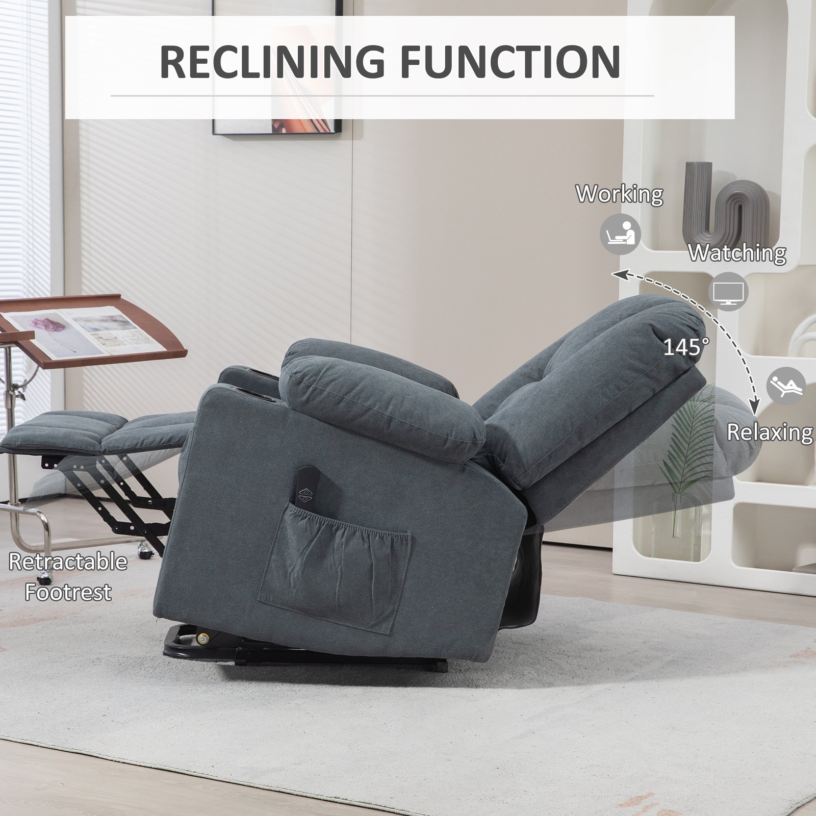 HOMCOM Oversized Riser and Recliner Chairs for the Elderly, Fabric Upholstered Lift Chair for Living Room with Remote Control, Side Pockets, Cup Holder, Grey - Image 5