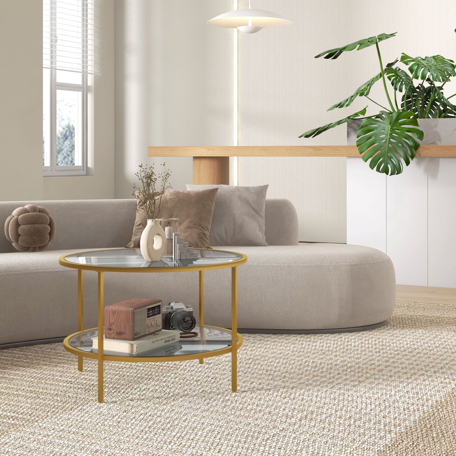 HOMCOM Round Coffee Table with Storage, 2-Tier Tempered Glass Coffee Table with Steel Frame for Living Room, Gold Tone - Image 7