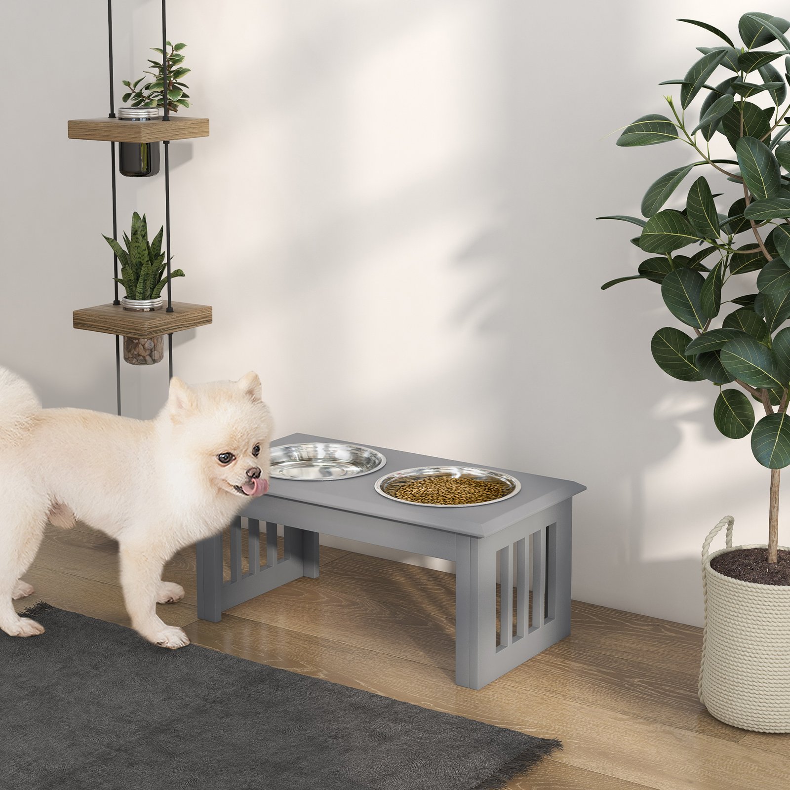 PawHut Raised Dog Feeding Bowls with Stand, Stainless Steel for Medium Dog, 58L x 31W x 25H cm - Grey - Image 2